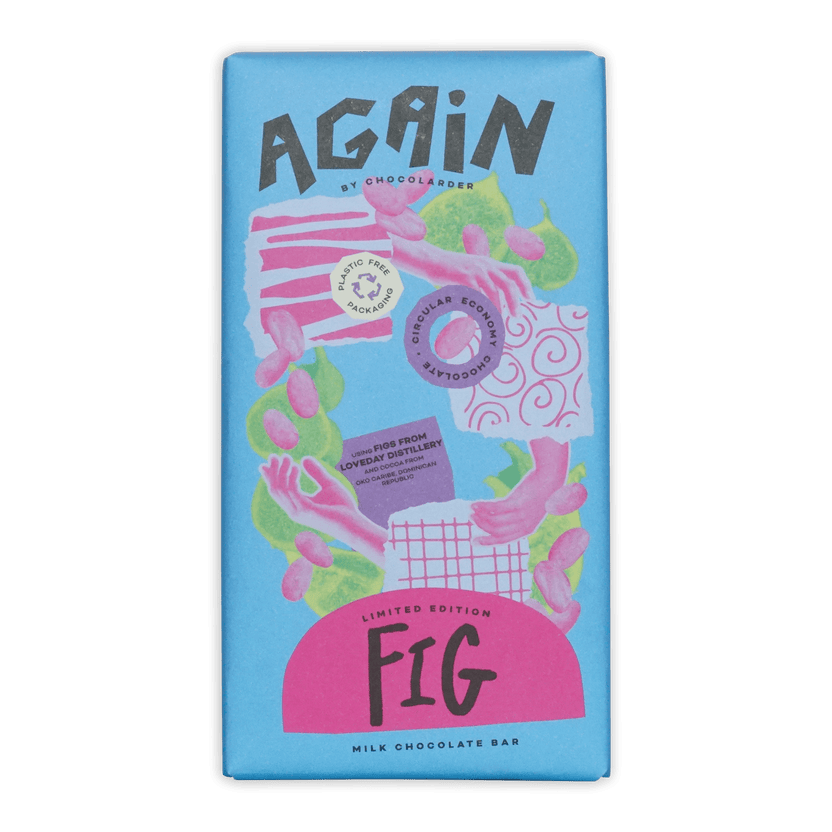 Chocolarder Fig Milk Chocolate 50% bar in vibrant blue pink package with figs leaves