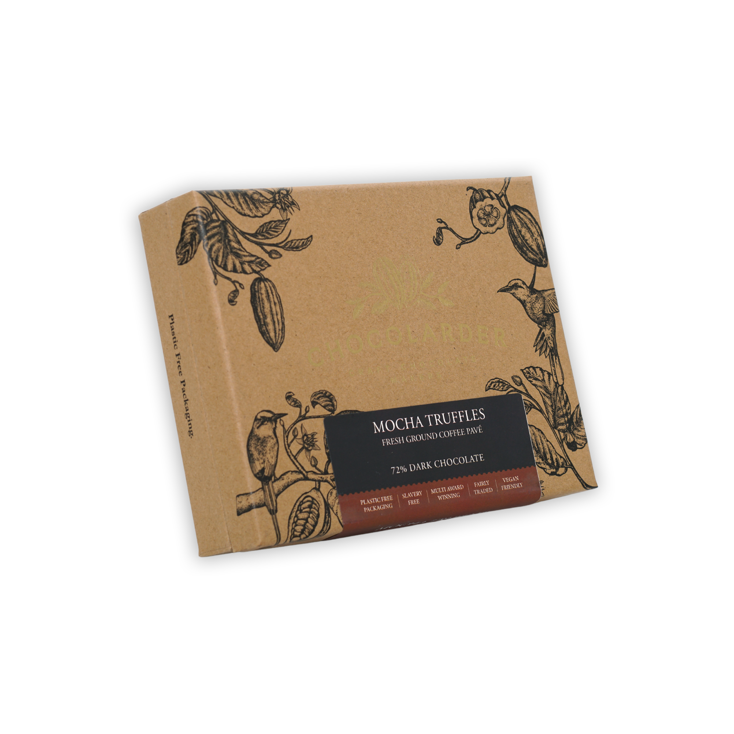 Chocolarder Dark Mocha Truffles Box 70% with cocoa pod illustrations