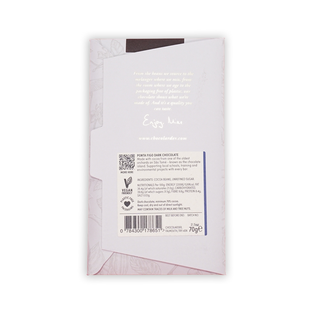 Back of a pale pink Chocolarder Ponta Figo Dark Chocolate wrapper showing printed ingredients, a barcode, and 70g weight.