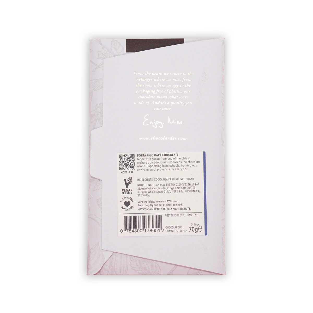 Back of a pale pink Chocolarder Ponta Figo Dark Chocolate wrapper showing printed ingredients, a barcode, and 70g weight.