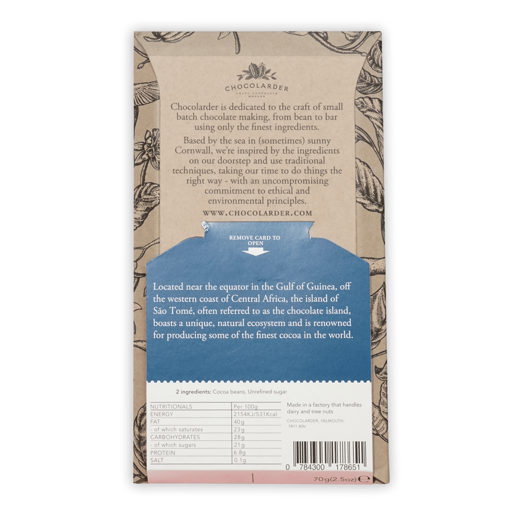 Chocolarder Ponta Figo Sao Tome 70% dark chocolate bar in beige blue wrapper