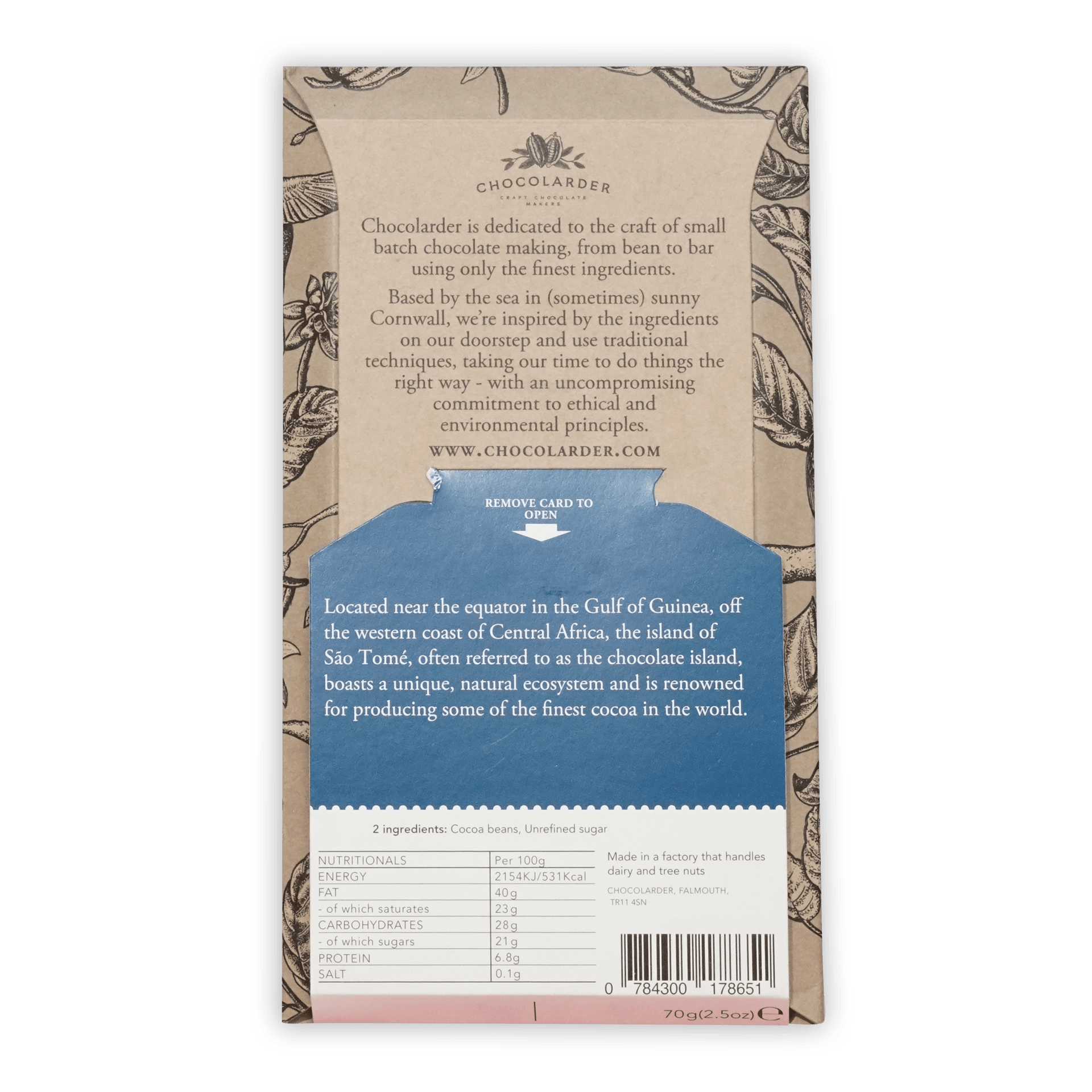 Chocolarder Ponta Figo Sao Tome 70% dark chocolate bar in beige blue wrapper