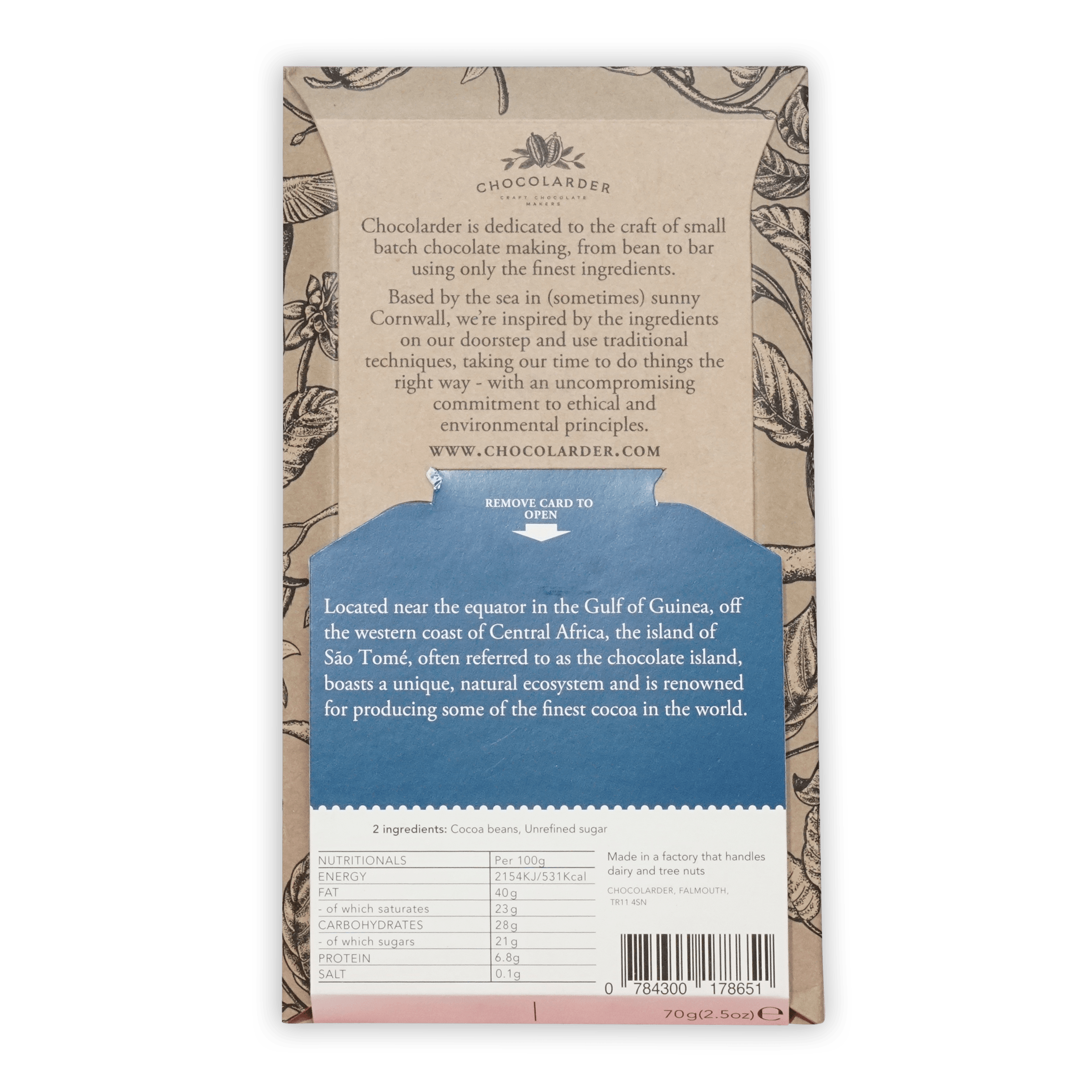 Chocolarder Ponta Figo Sao Tome 70% dark chocolate bar in beige blue wrapper