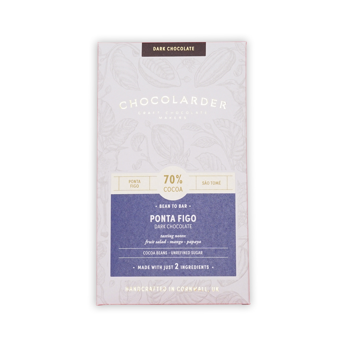 Chocolarder Ponta Figo 70% dark chocolate box with a light grey botanical pattern and blue label on a black background.