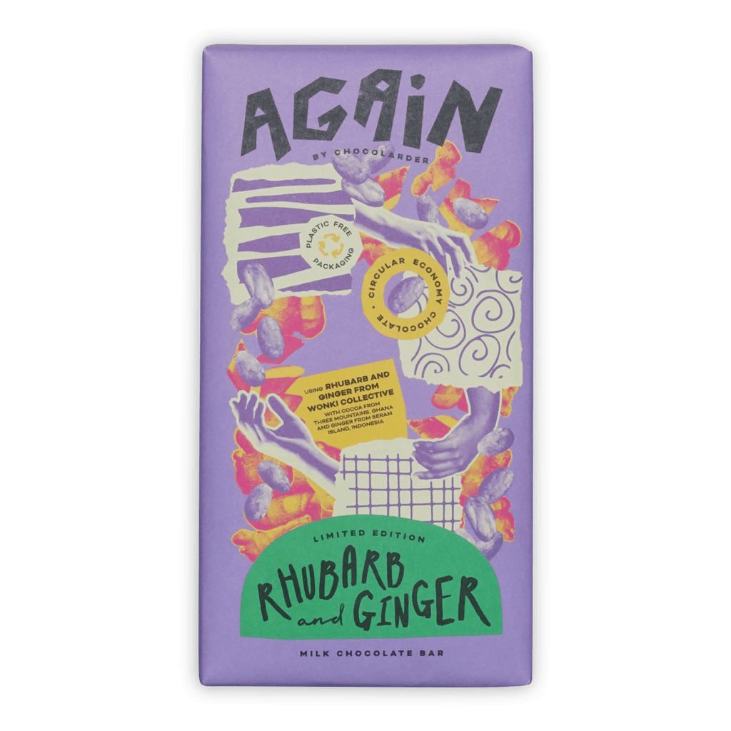 Chocolarder Rhubarb & Ginger Milk Chocolate 50% purple wrapper