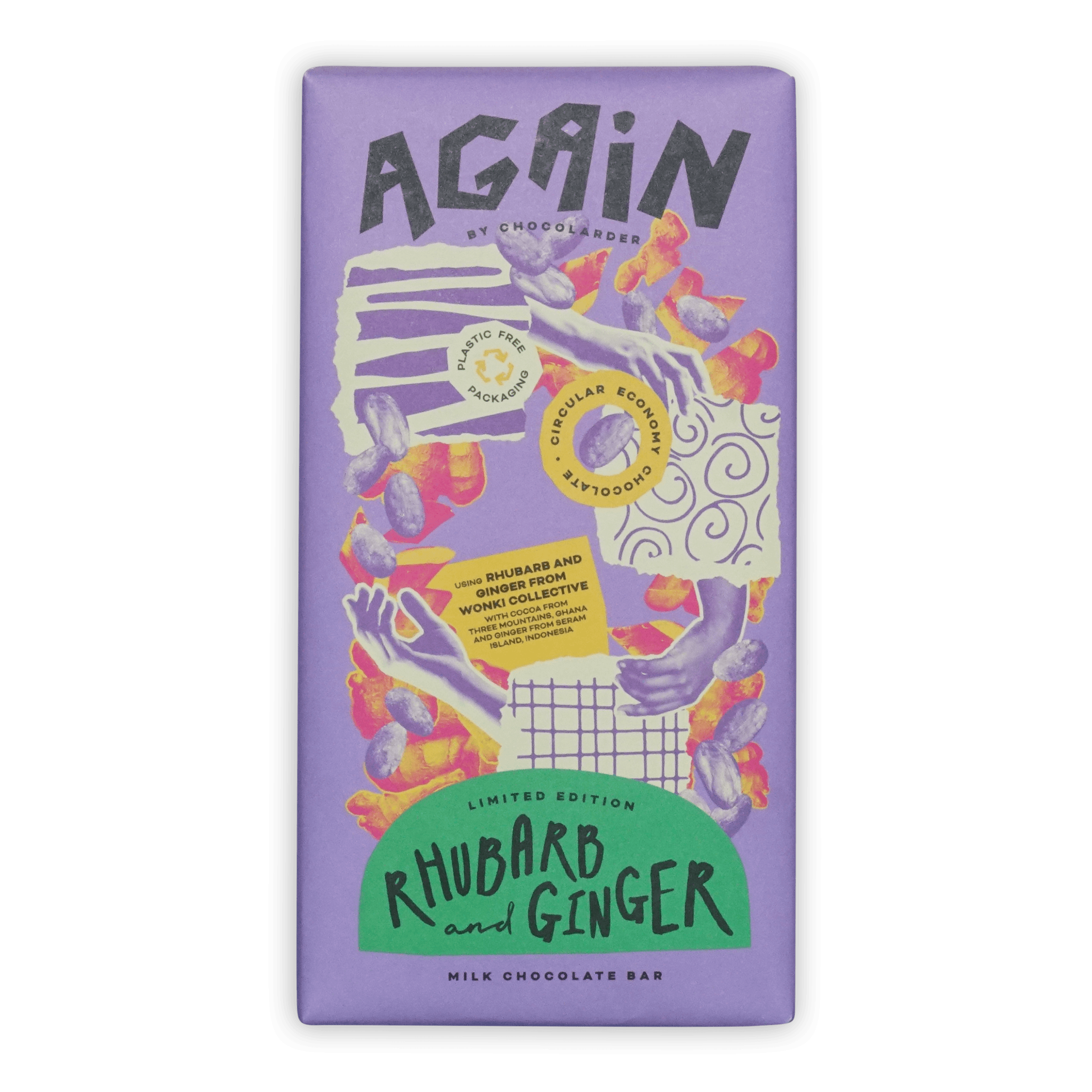 Chocolarder Rhubarb & Ginger Milk Chocolate 50% purple wrapper