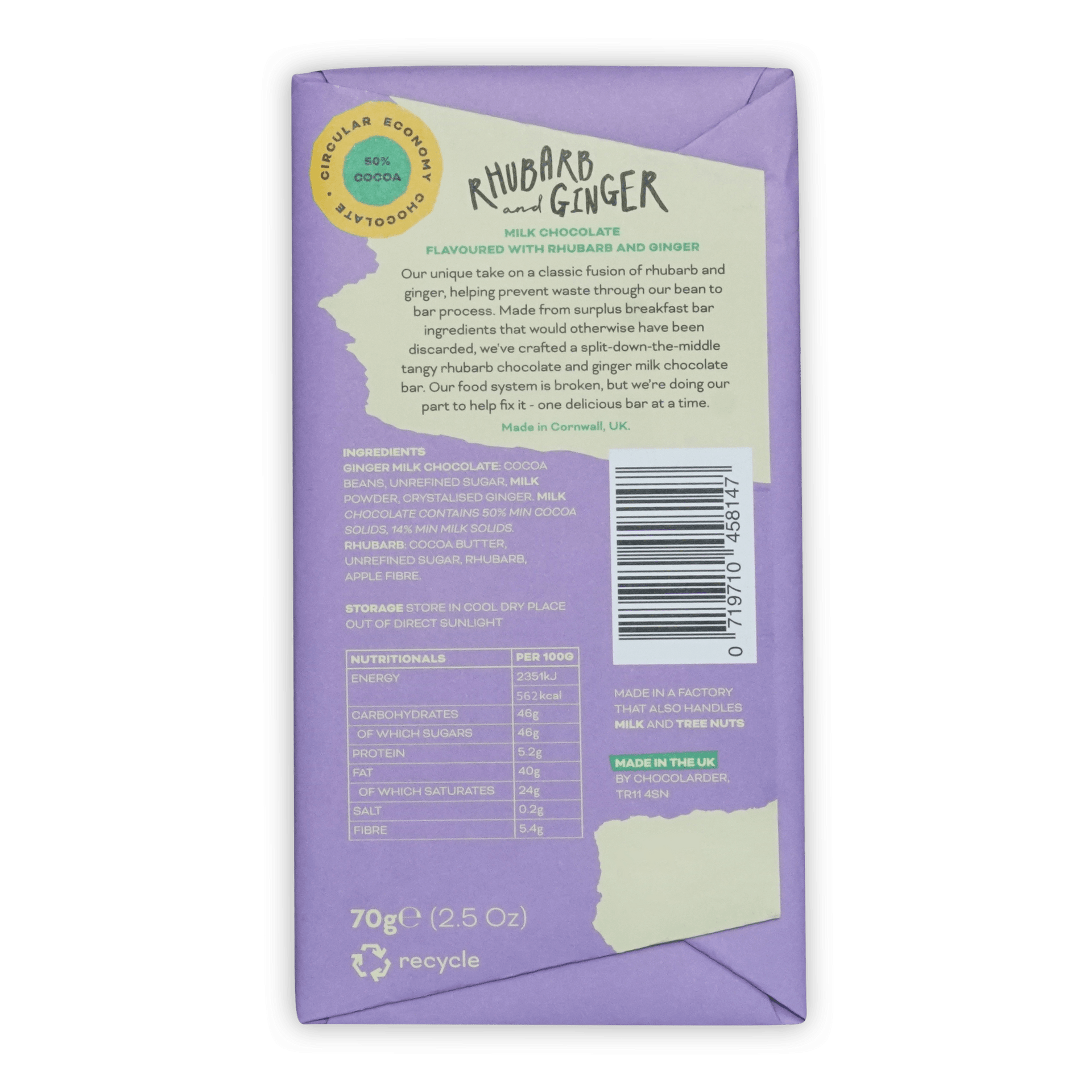 Chocolarder Rhubarb & Ginger Milk Chocolate 50% purple torn wrapper
