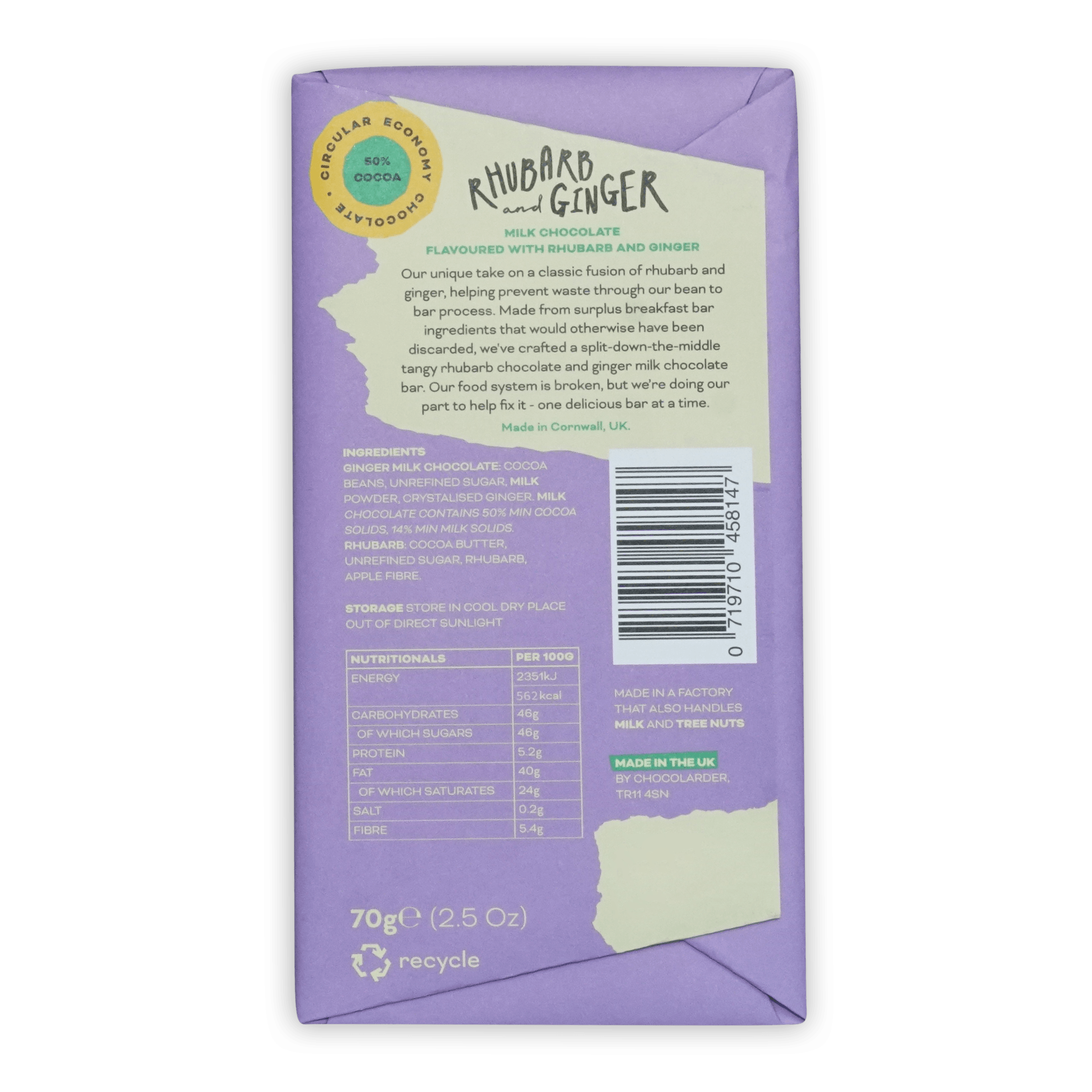 Chocolarder Rhubarb & Ginger Milk Chocolate 50% purple torn wrapper