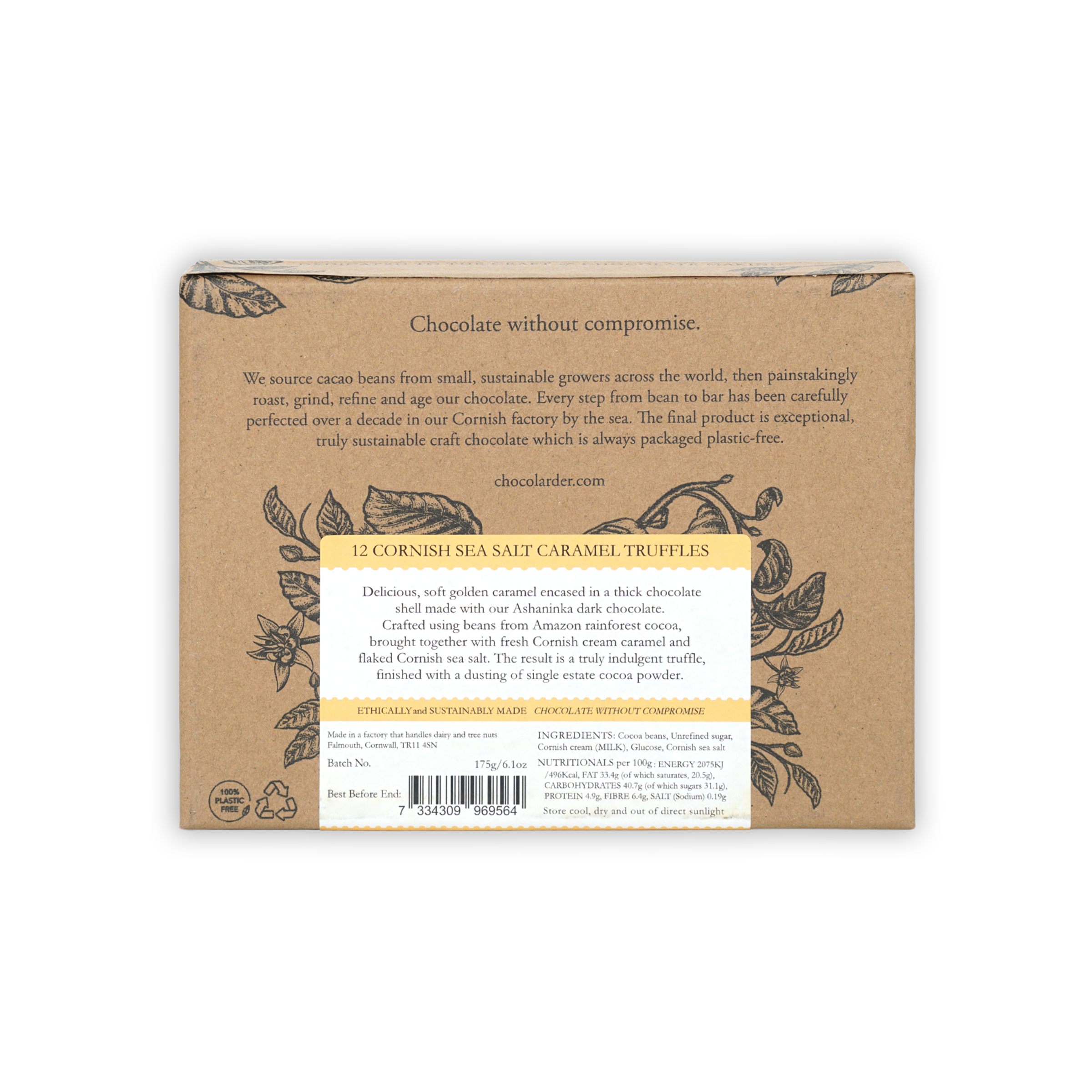 Chocolarder 12 pcs sea salt caramel truffles kraft box with botanical illustrations