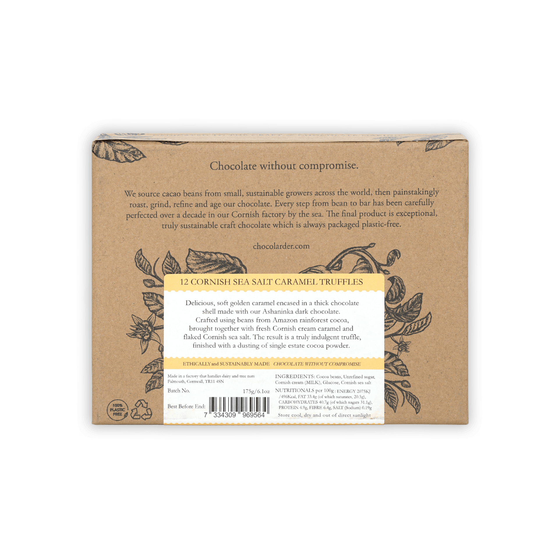 Chocolarder 12 pcs sea salt caramel truffles kraft box with botanical illustrations