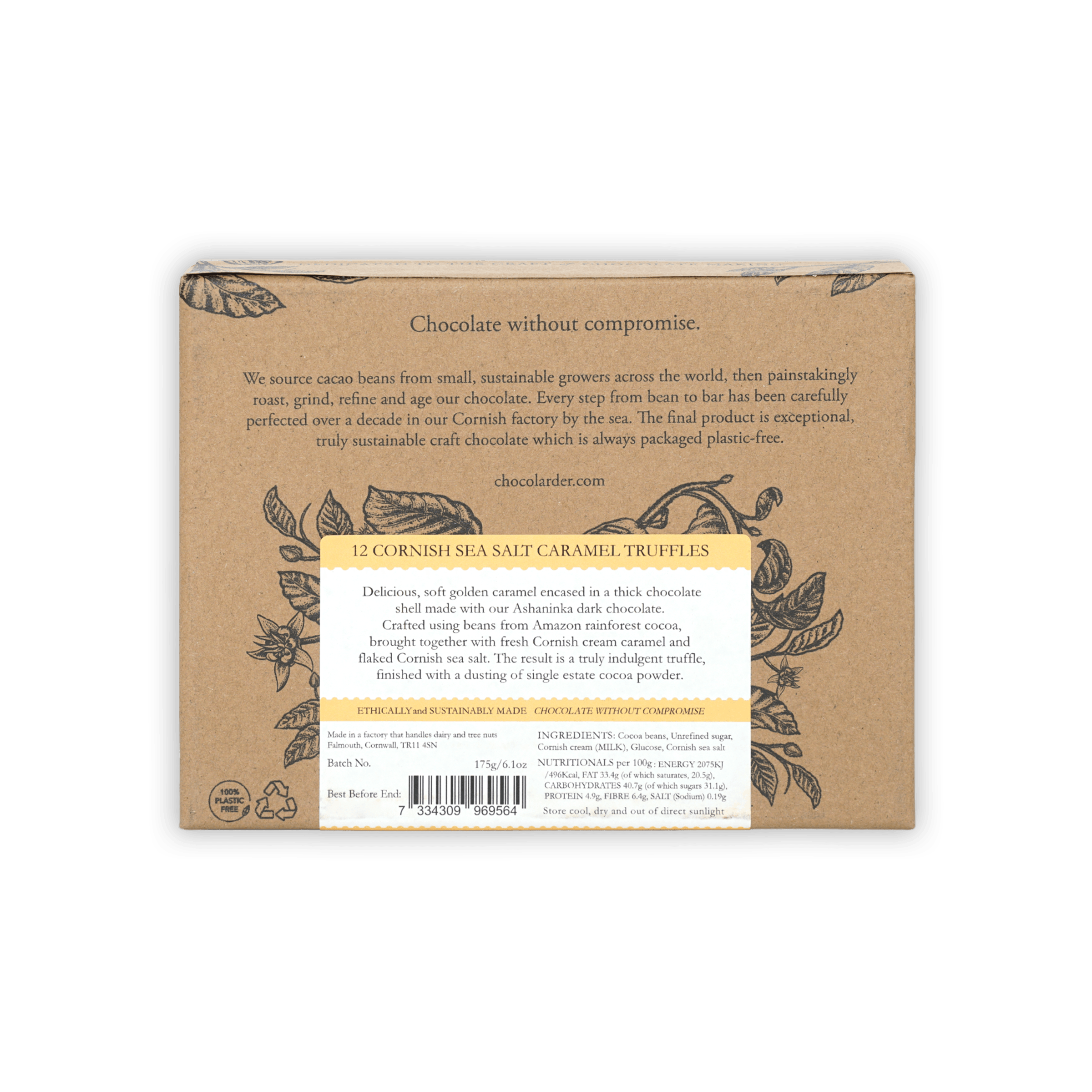Chocolarder 12 pcs sea salt caramel truffles kraft box with botanical illustrations