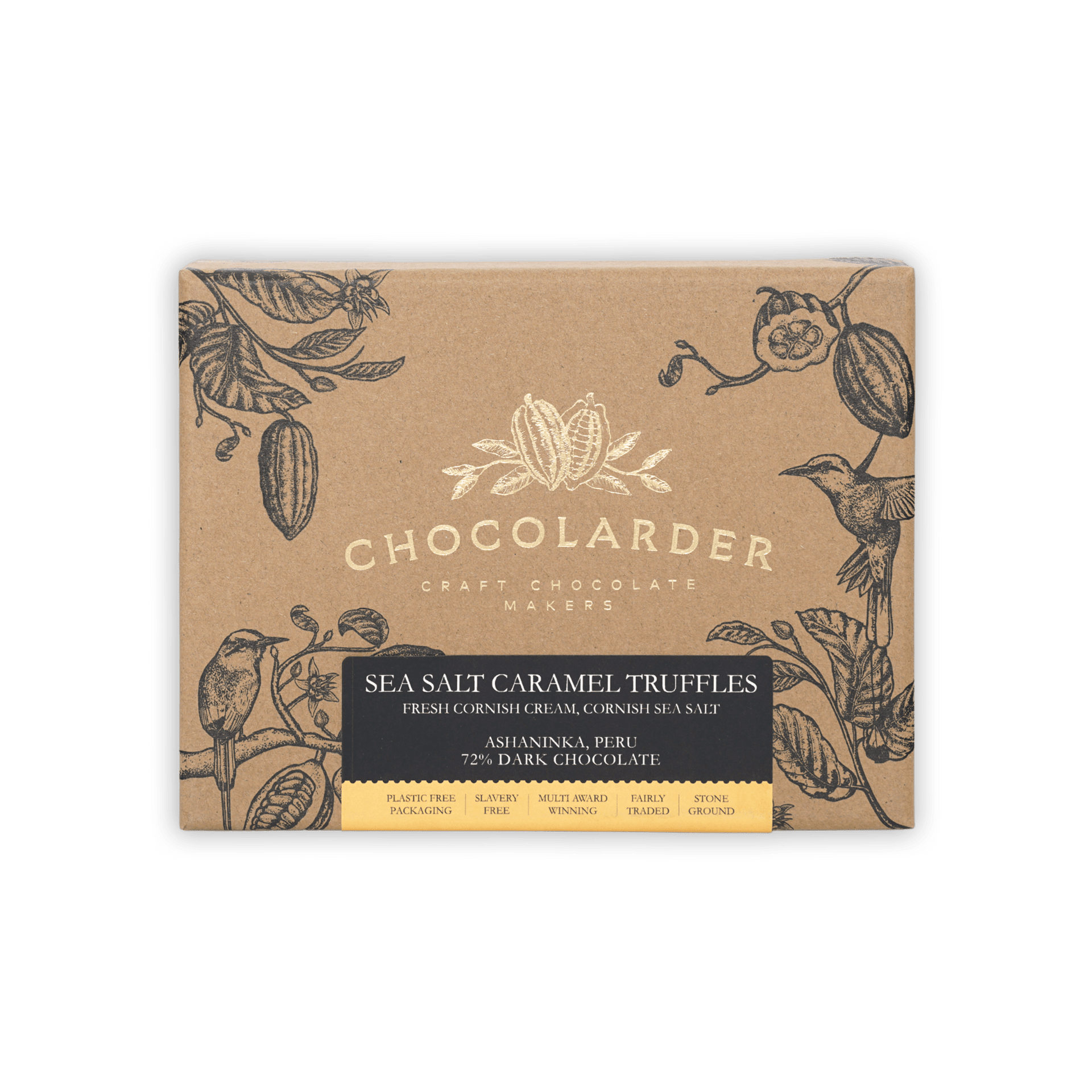 Chocolarder sea salt caramel truffles box, 12 pcs, kraft with gold logo