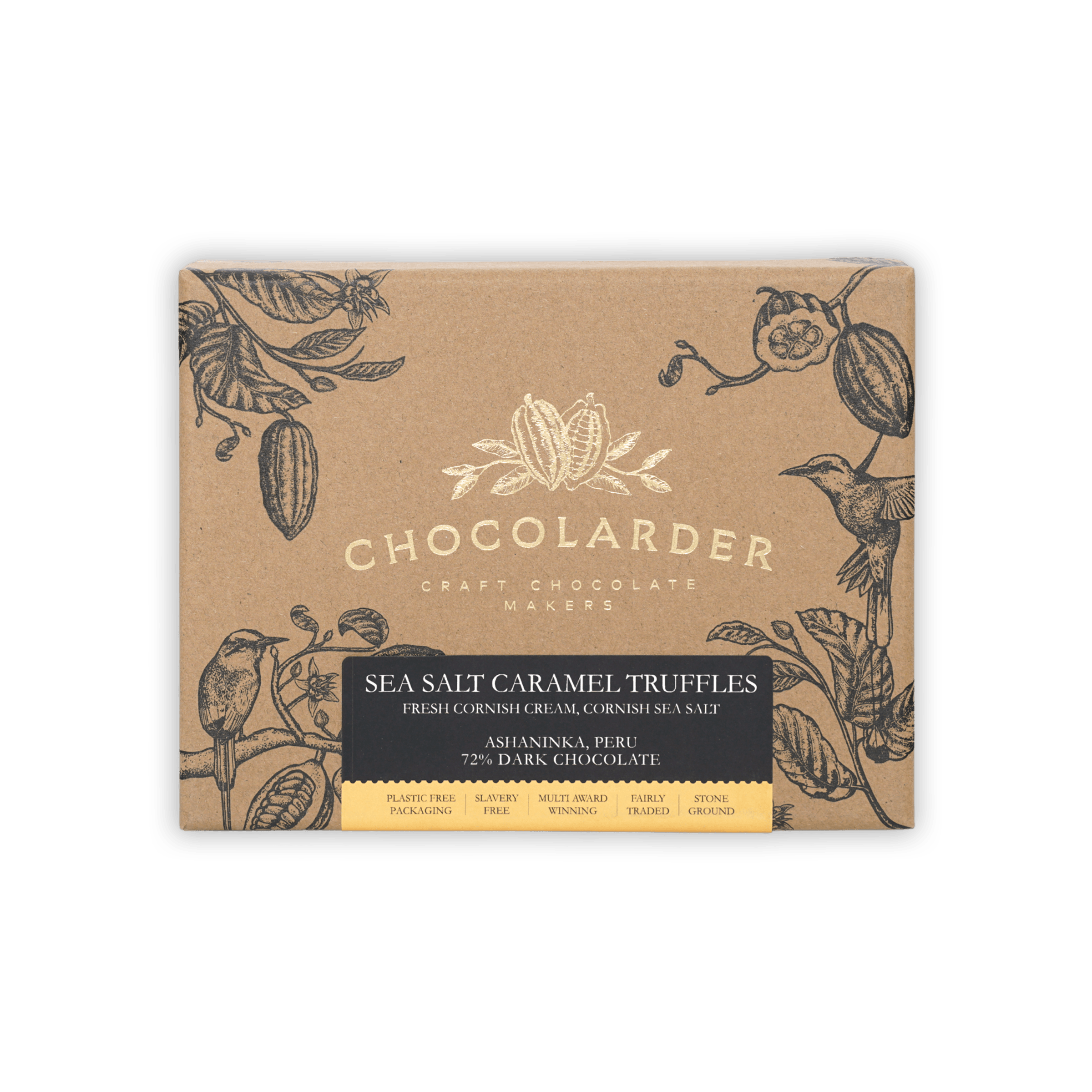 Chocolarder sea salt caramel truffles box, 12 pcs, kraft with gold logo