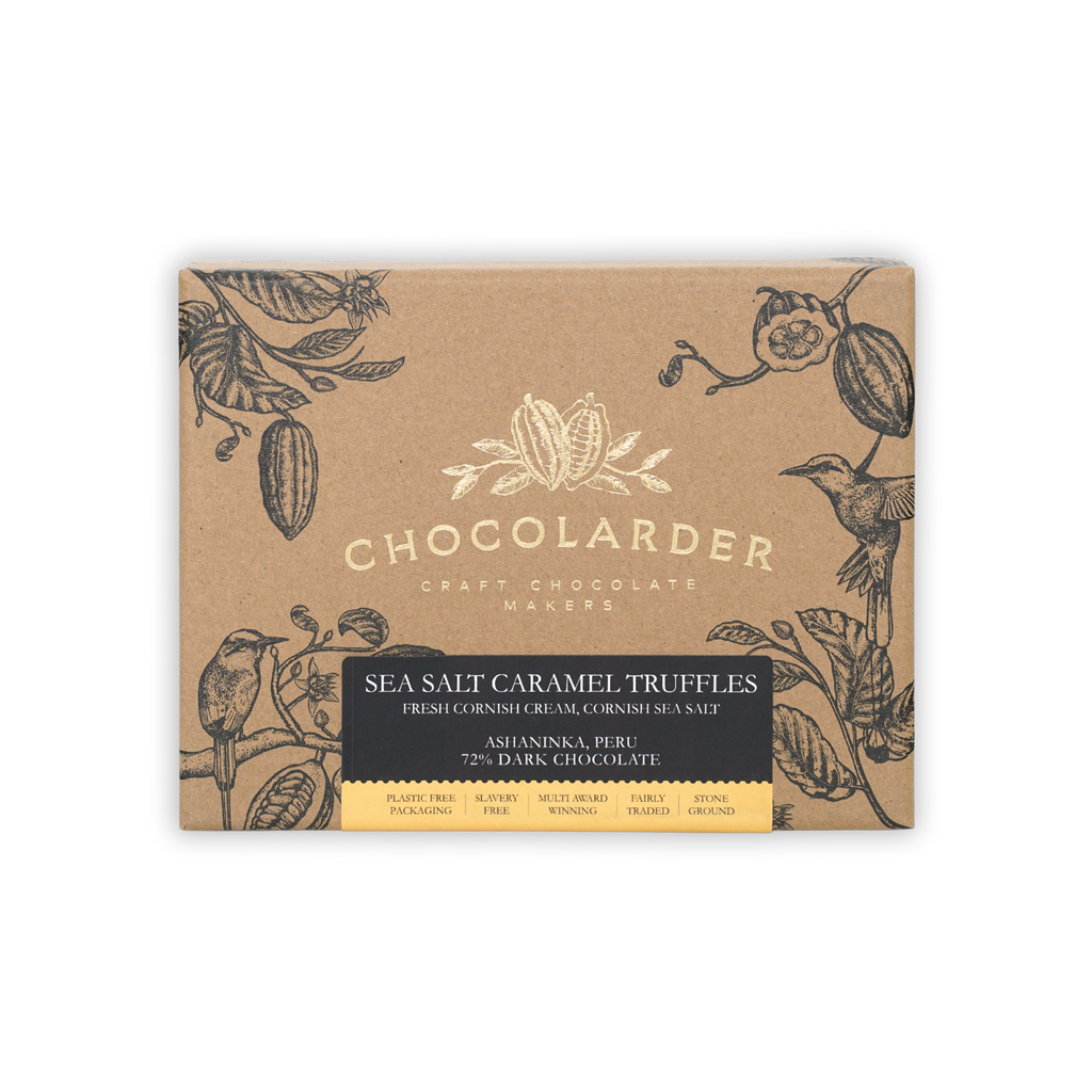 Chocolarder sea salt caramel truffles box, 12 pcs, kraft with gold logo