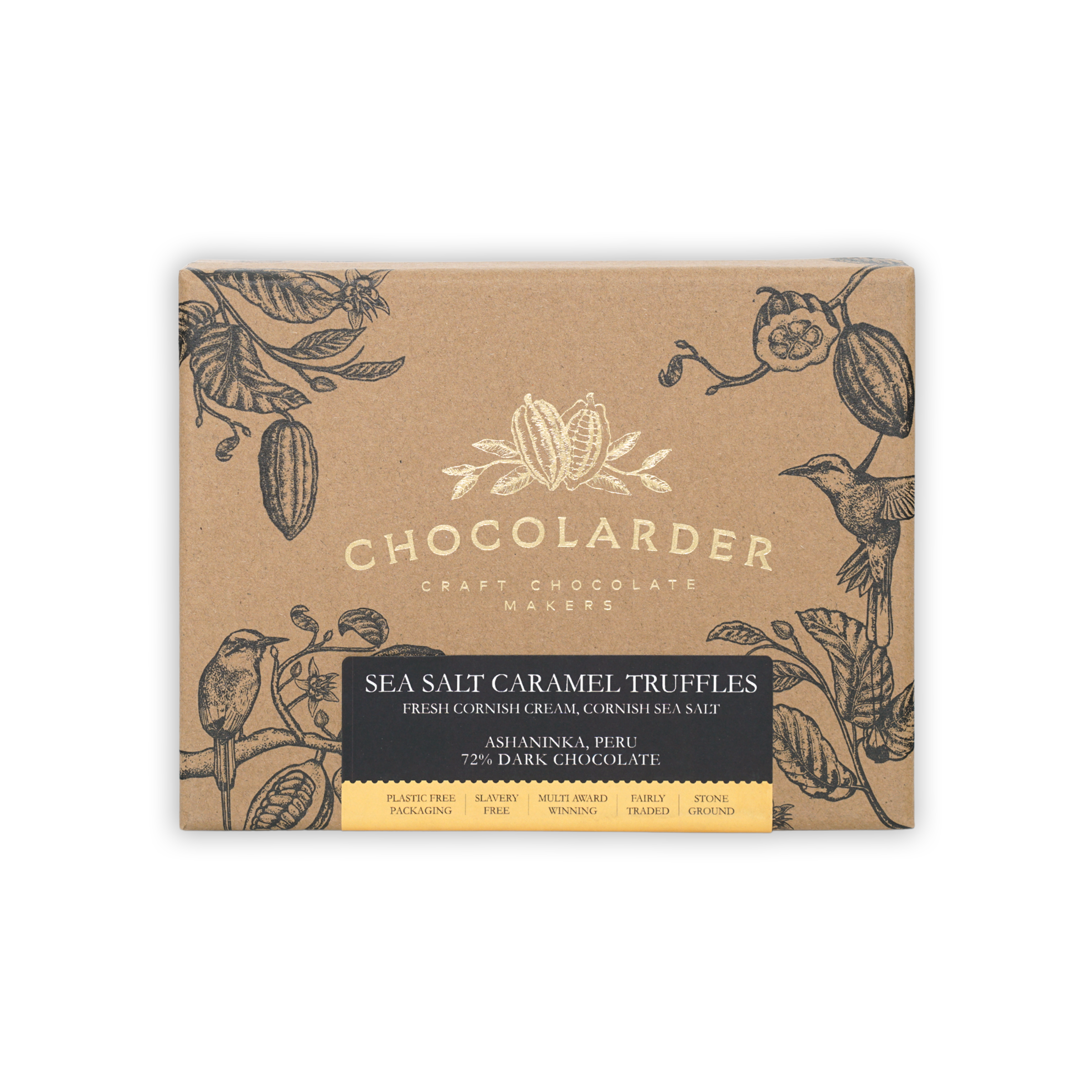 Chocolarder sea salt caramel truffles box, 12 pcs, kraft with gold logo