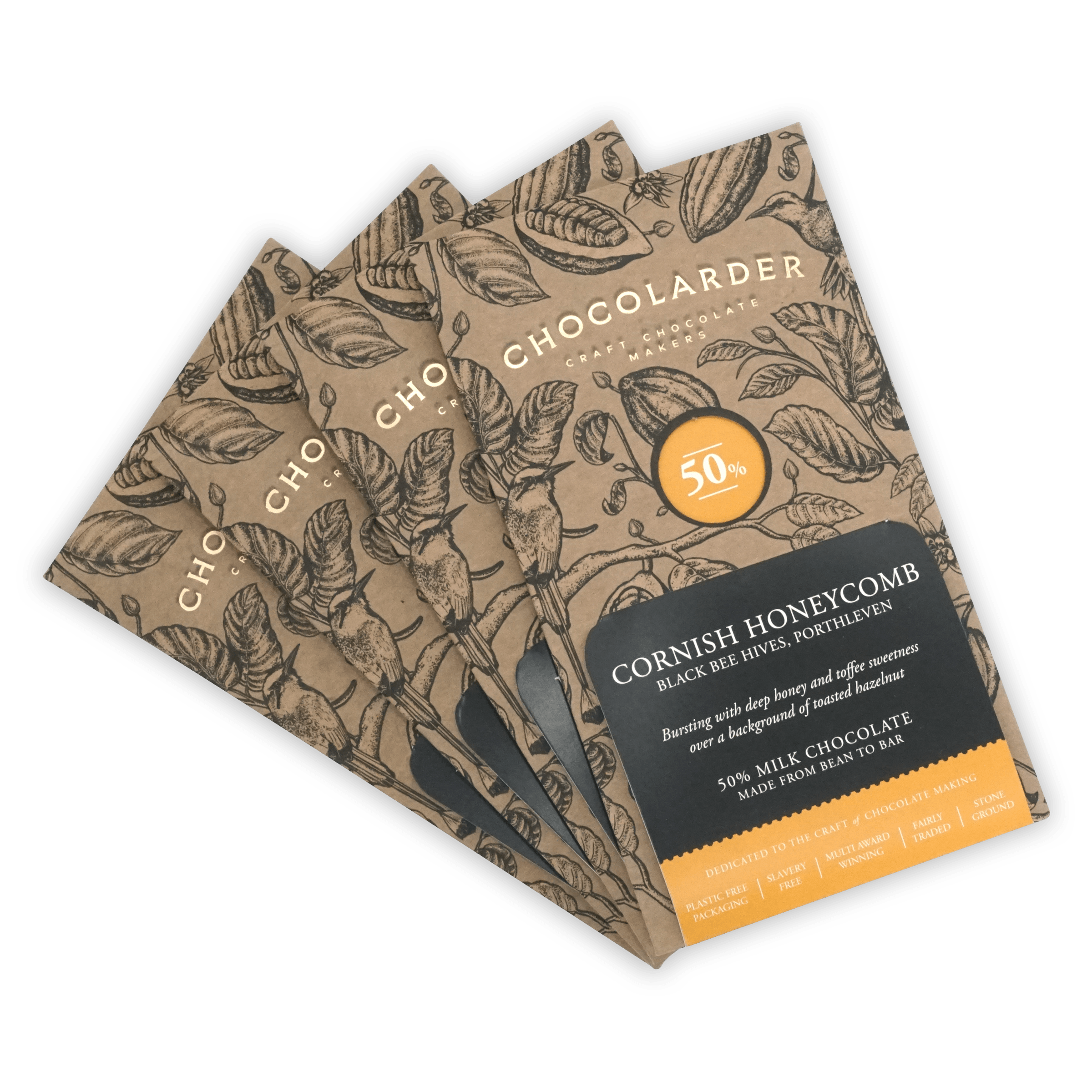 Chocolarder Variety Bundle: 3 artisanal bars in kraft wrappers with botanical prints
