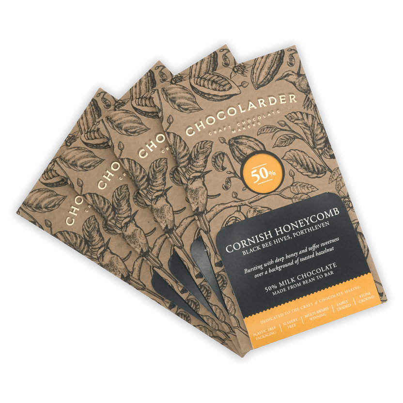 Chocolarder Variety Bundle: 3 artisanal bars in kraft wrappers with botanical prints