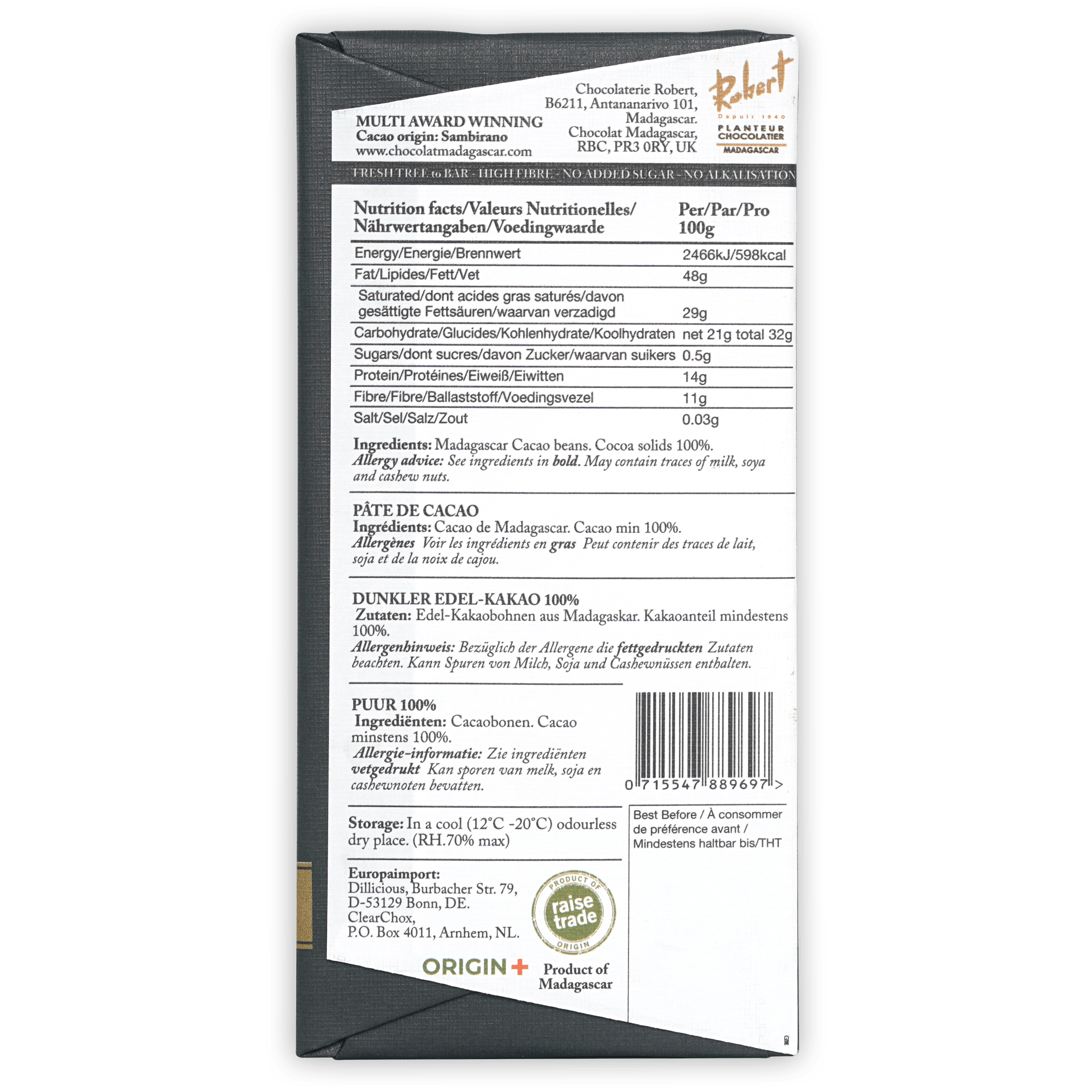 Chocolat Madagascar Dark 100% cacao bar from Madagascar in black wrapper