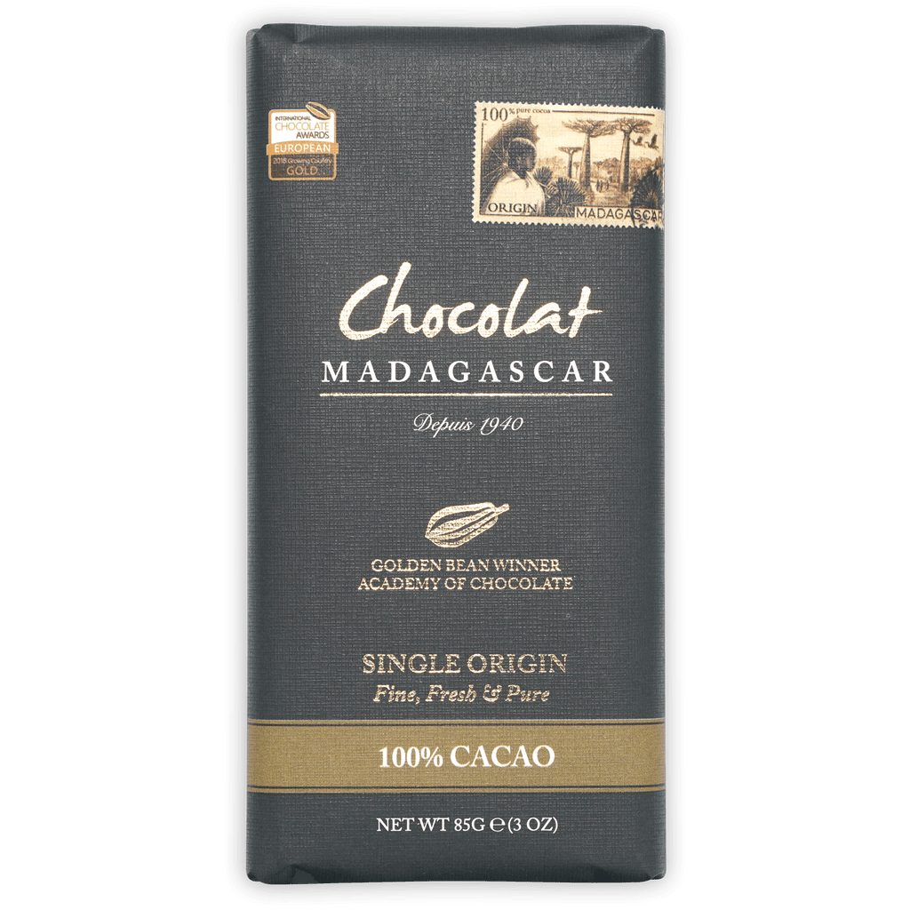 Chocolat Madagascar Dark 100% bar with gold foil wrapper and vintage stamp