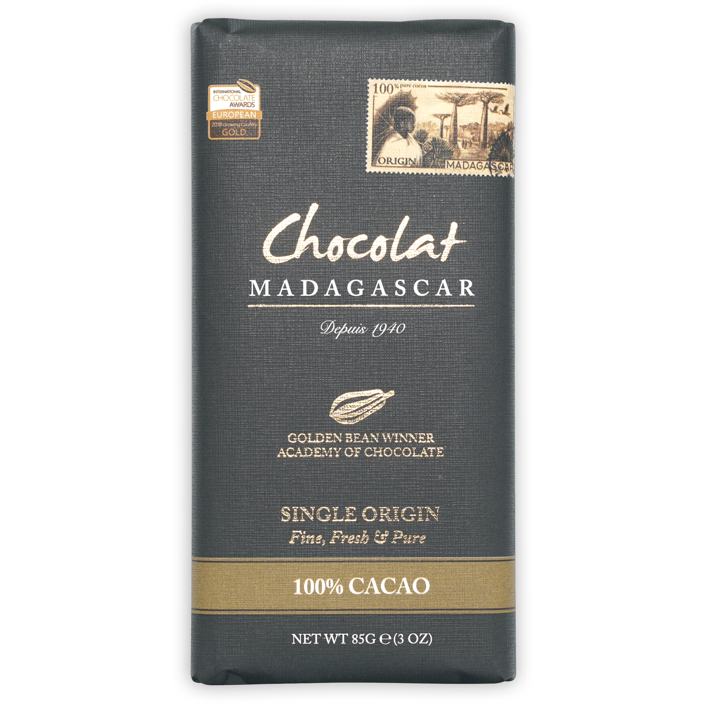 Chocolat Madagascar Dark 100% bar with gold foil wrapper and vintage stamp