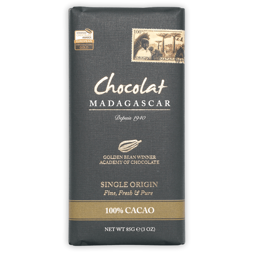 Chocolat Madagascar Dark 100% bar with gold foil wrapper and vintage stamp
