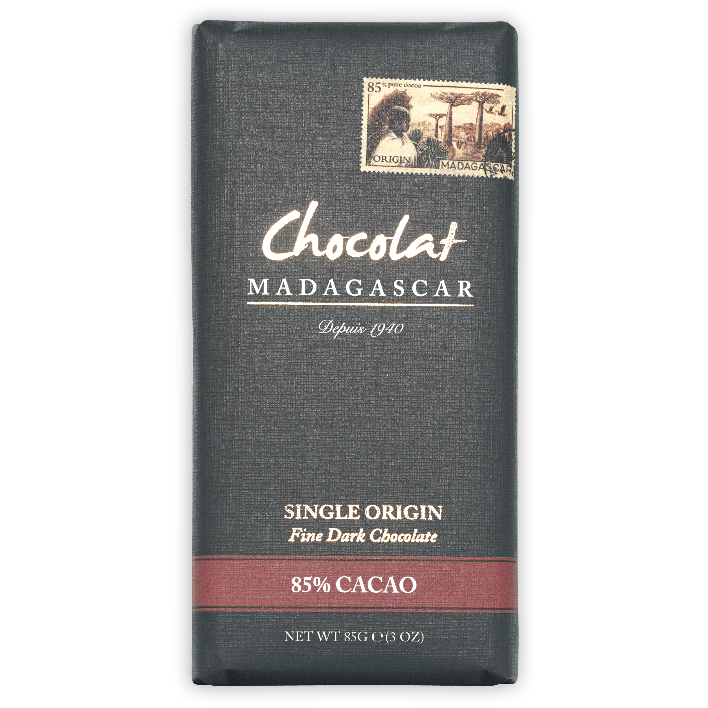 Chocolat Madagascar Dark 85% bar with textured wrapper, vintage stamp