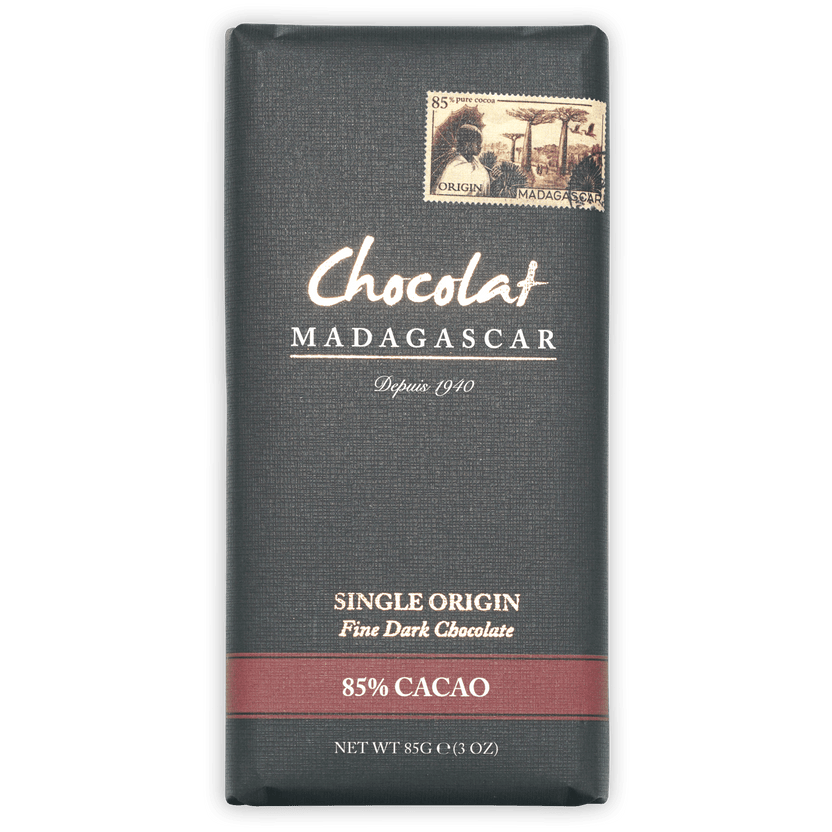 Chocolat Madagascar Dark 85% bar with textured wrapper, vintage stamp