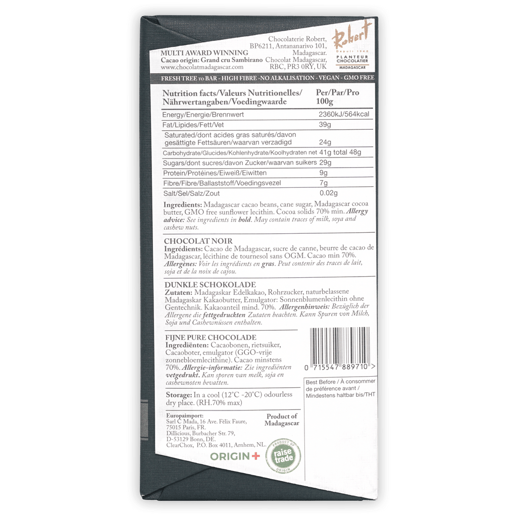 Chocolat Madagascar Dark 70% bar in matte black wrapper