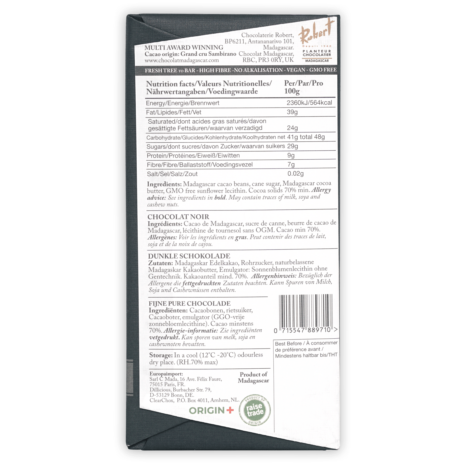 Chocolat Madagascar Dark 70% bar in matte black wrapper