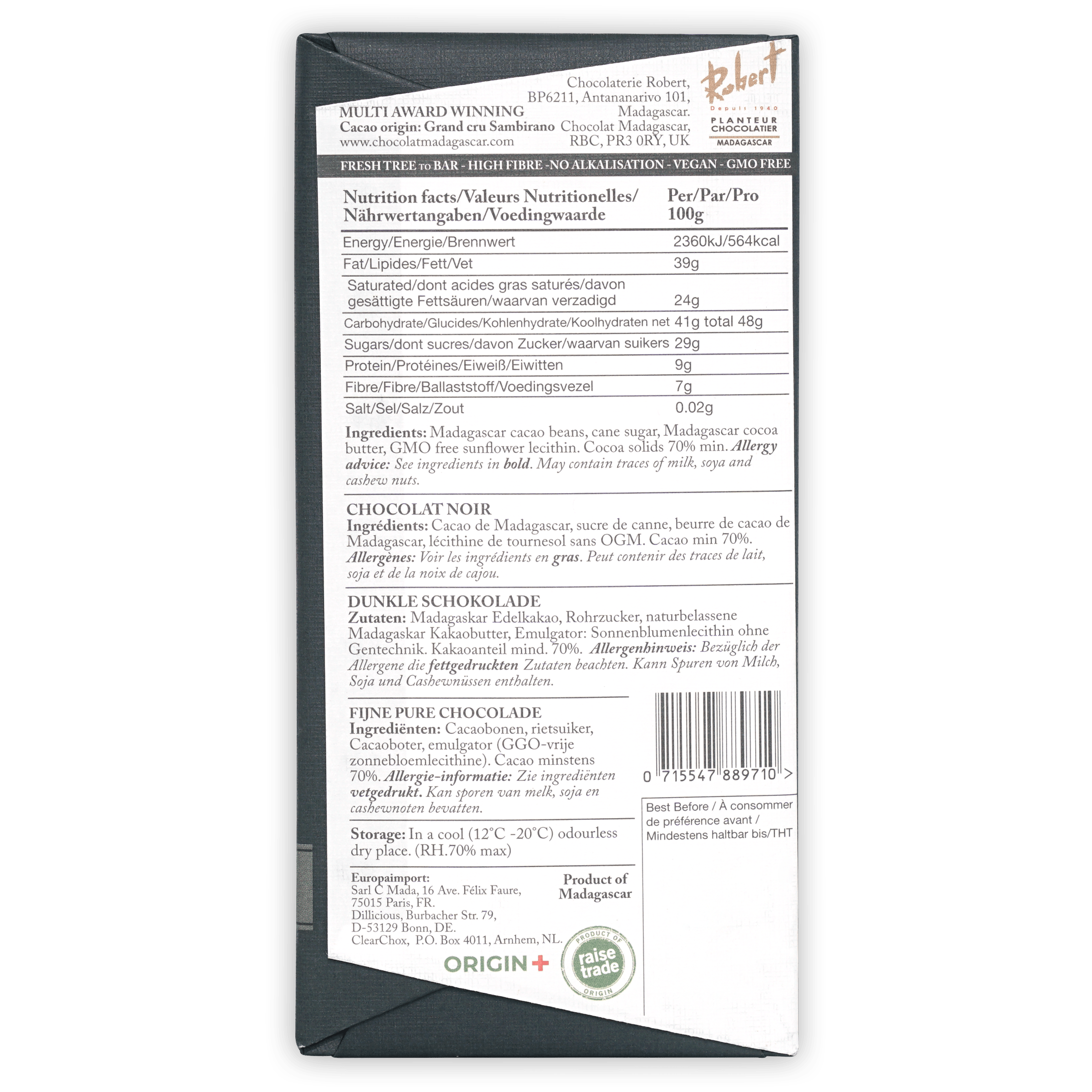 Chocolat Madagascar Dark 70% bar in matte black wrapper