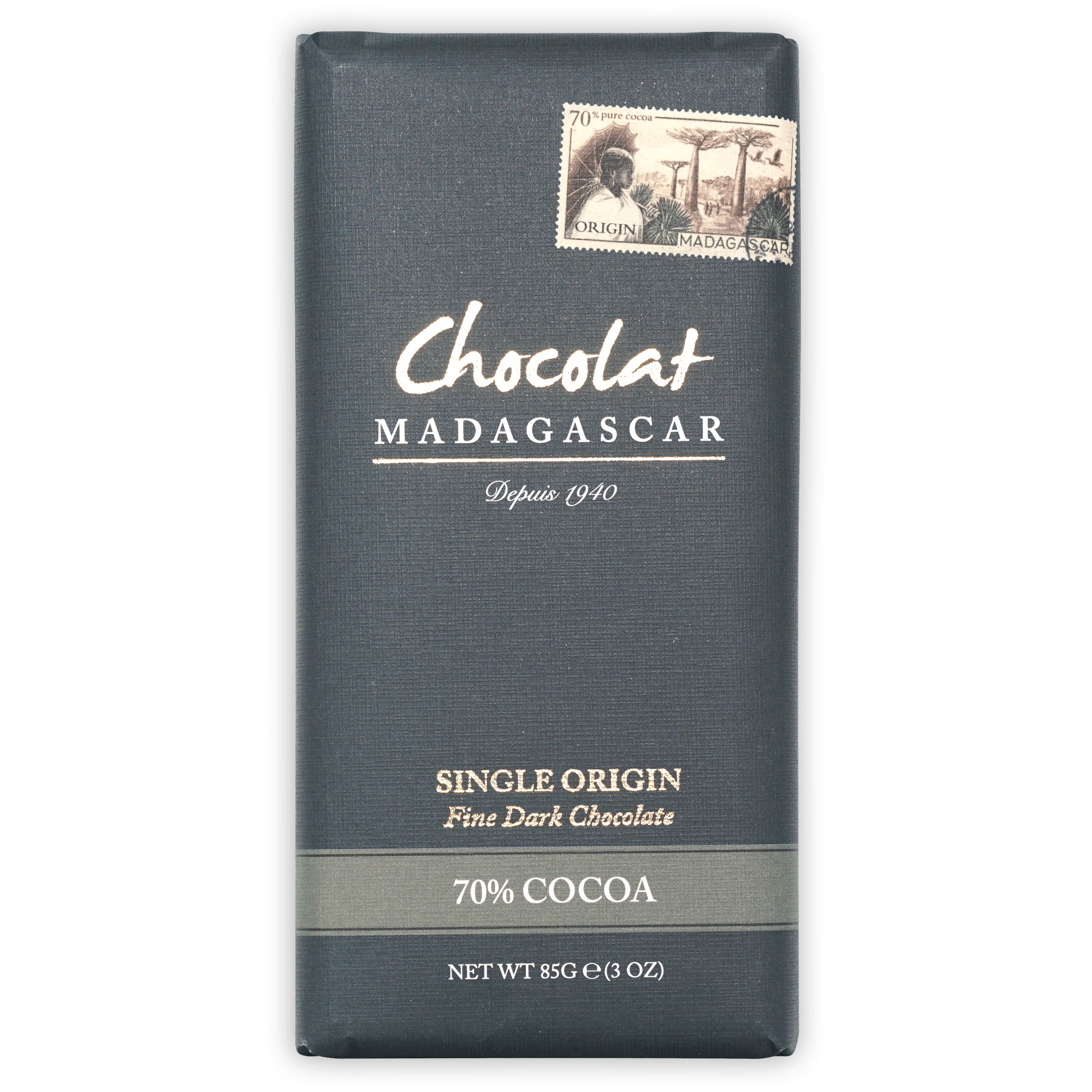 Chocolat Madagascar Dark 70% bar wrapper with vintage stamp