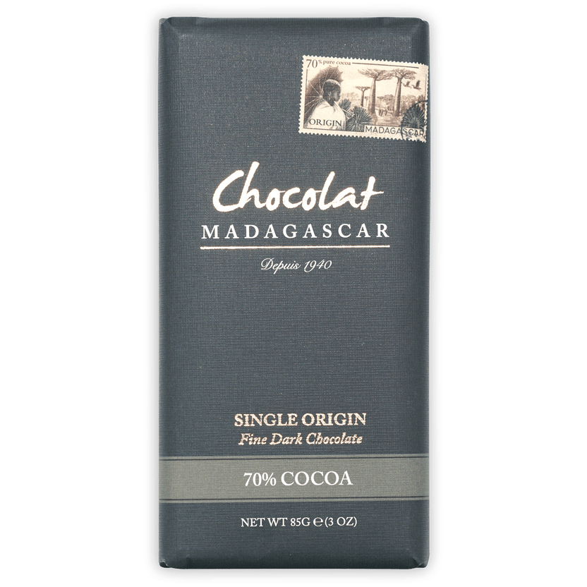 Chocolat Madagascar Dark 70% bar wrapper with vintage stamp