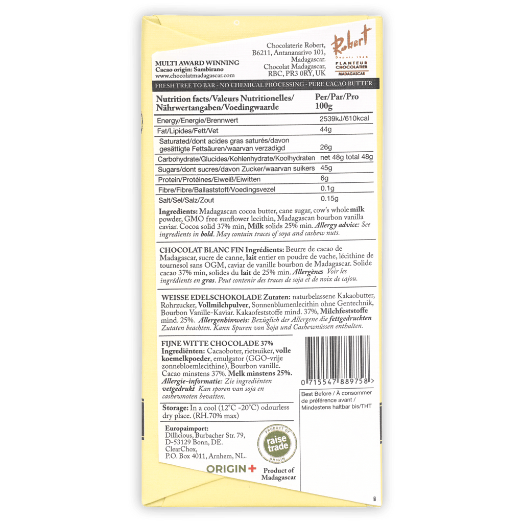 Chocolaterie Robert creamy white chocolate bar wrapper with gold logo
