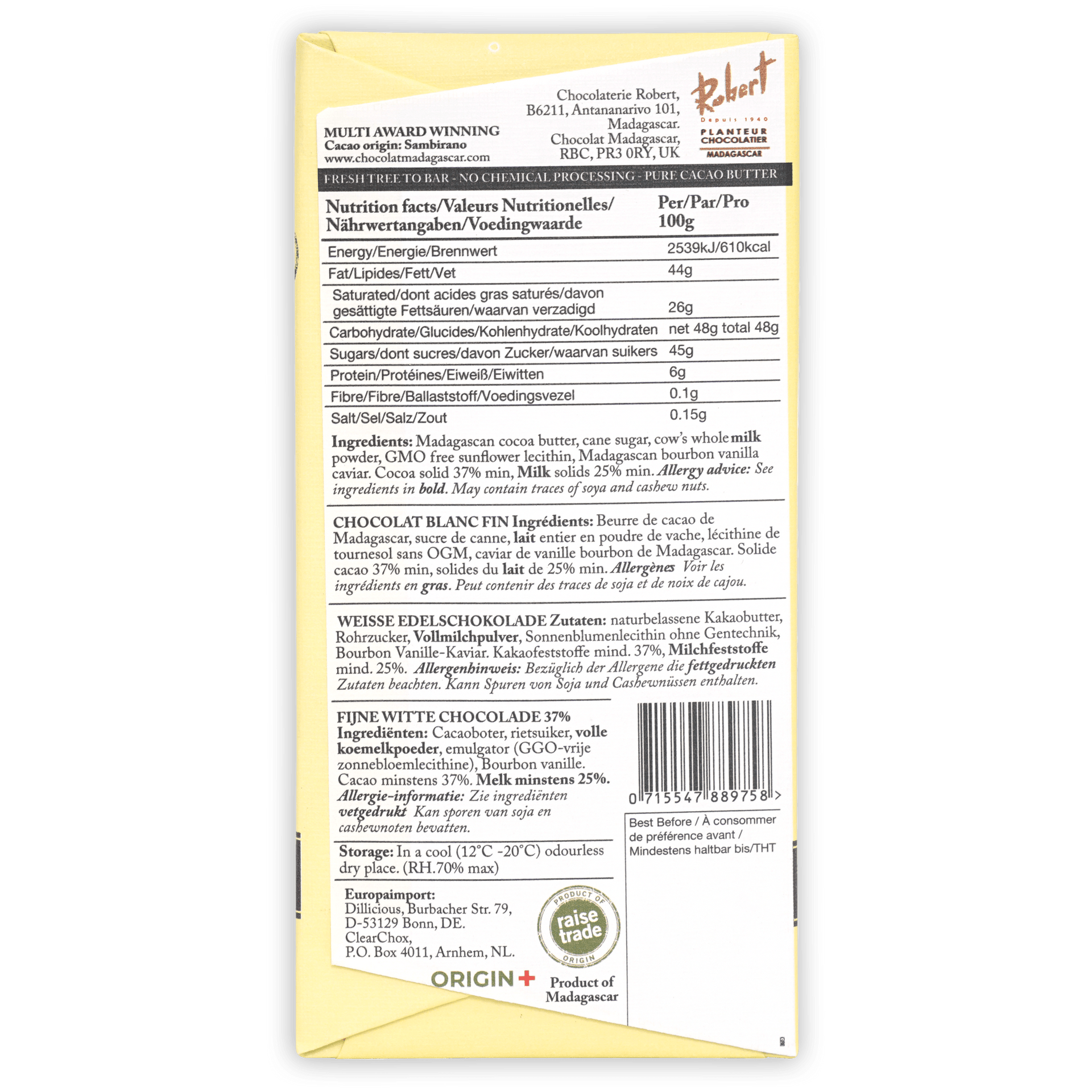 Chocolaterie Robert creamy white chocolate bar wrapper with gold logo