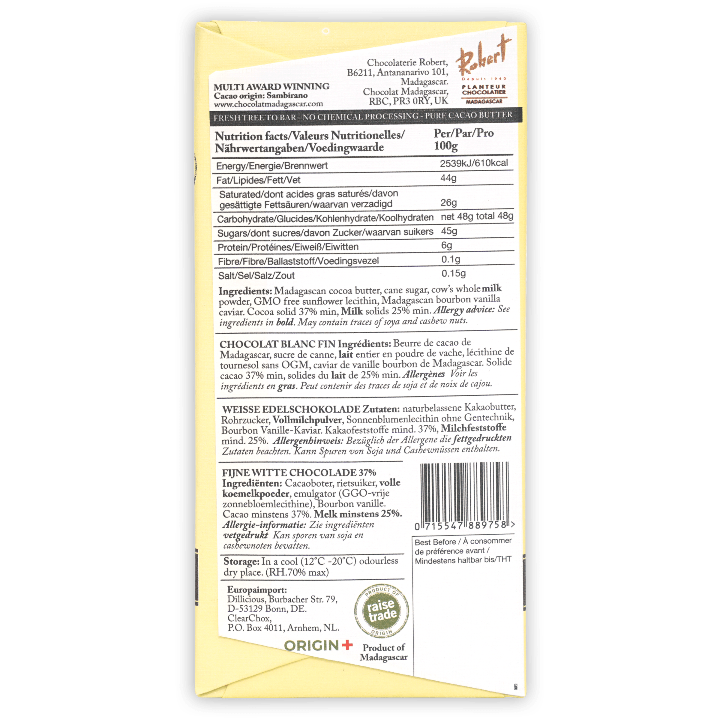 Chocolaterie Robert creamy white chocolate bar wrapper with gold logo