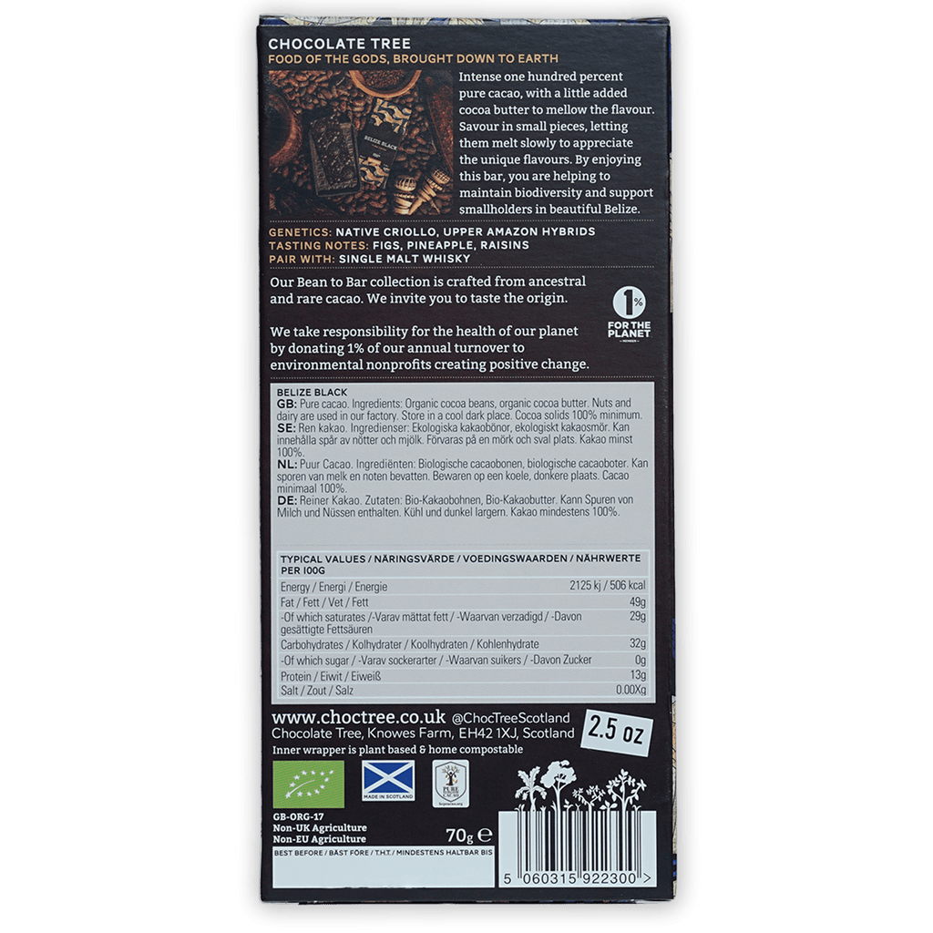 Chocolate Tree Belize Black 100% bar in dark blue packaging with cocoa beans