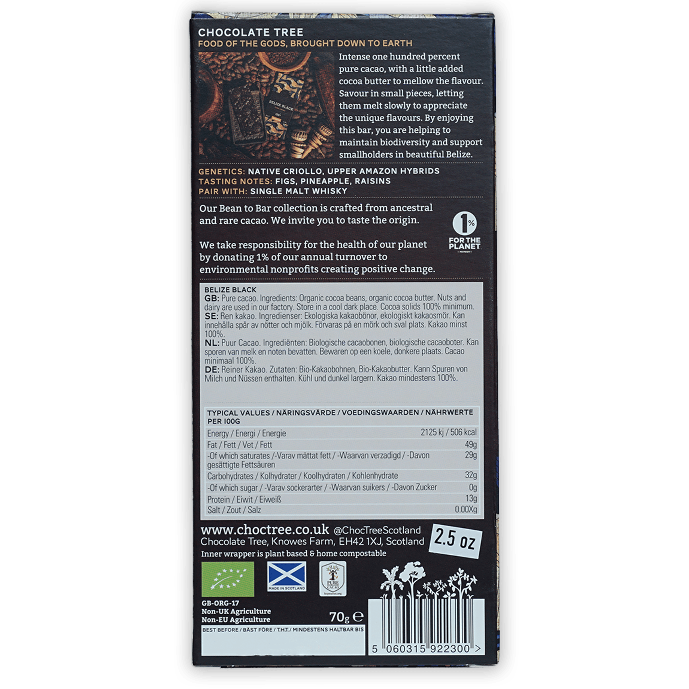 Chocolate Tree Belize Black 100% bar in dark blue packaging with cocoa beans
