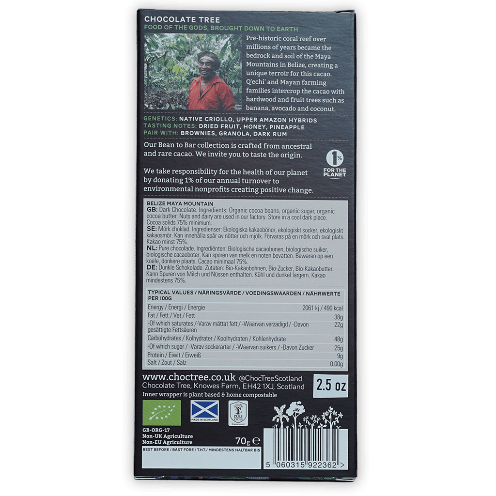Chocolate Tree Dark Belize Maya Mountain 75% bar in black wrapper