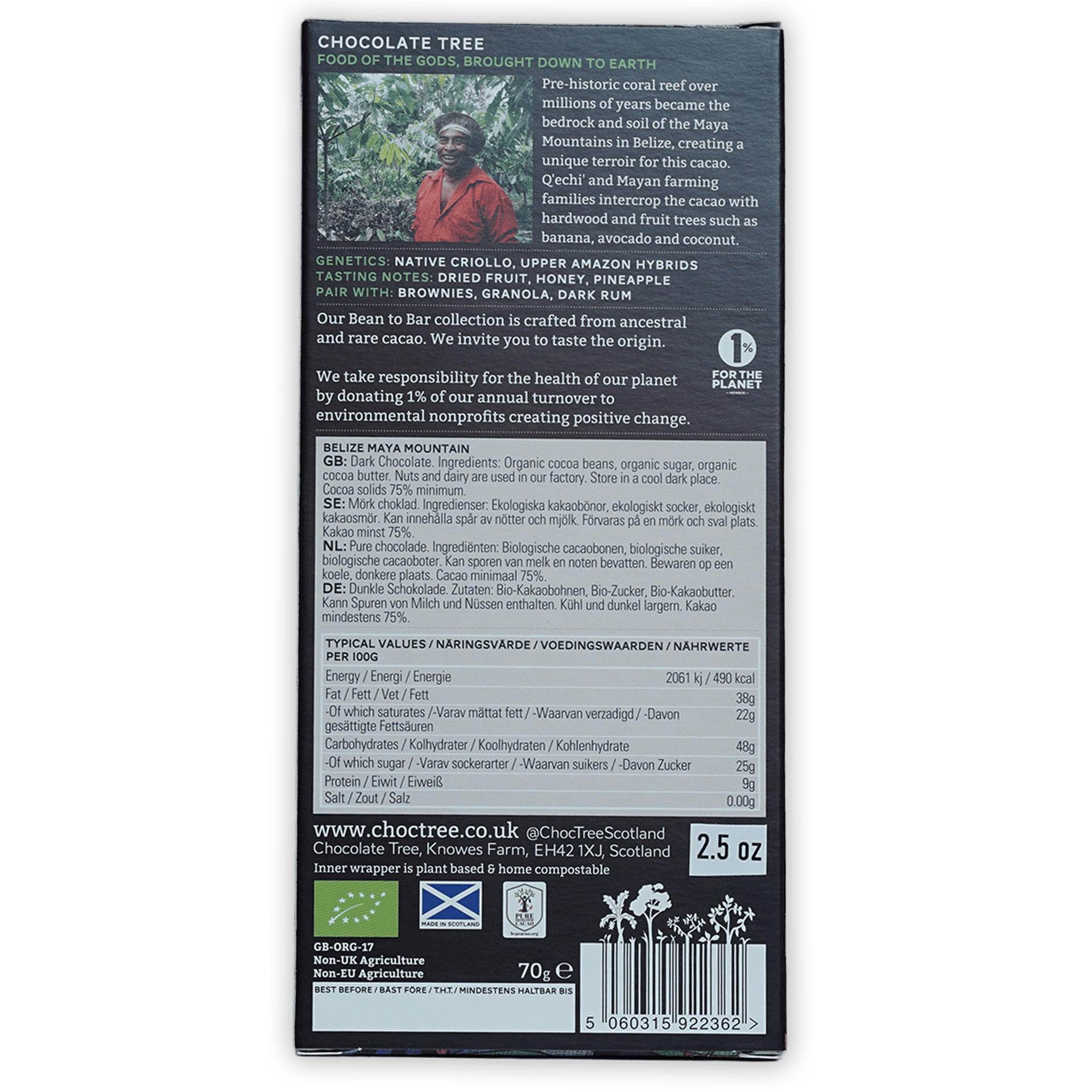 Chocolate Tree Dark Belize Maya Mountain 75% bar in black wrapper