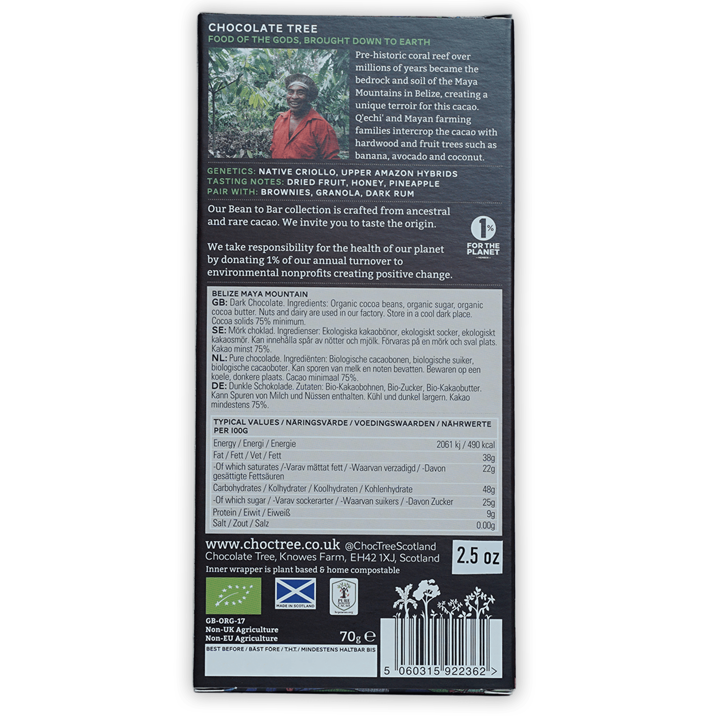 Chocolate Tree Dark Belize Maya Mountain 75% bar in black wrapper