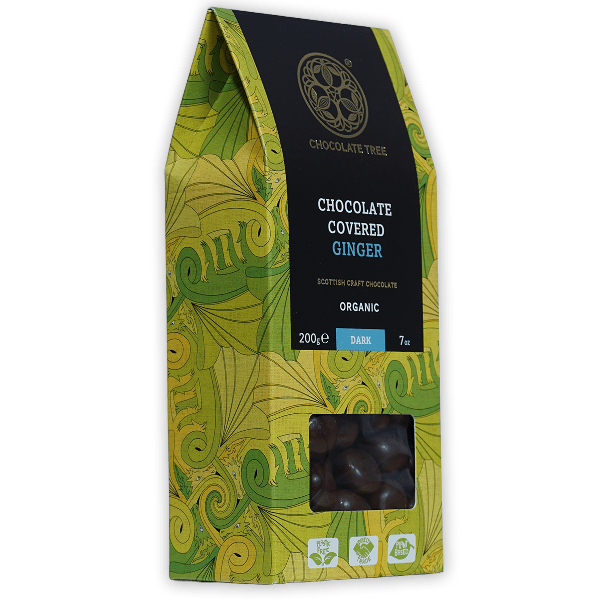 Chocolate Tree 70% dark chocolate-covered ginger bag with window