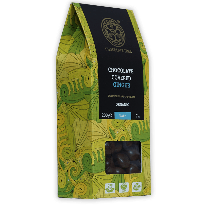 Chocolate Tree 70% dark chocolate-covered ginger bag with window