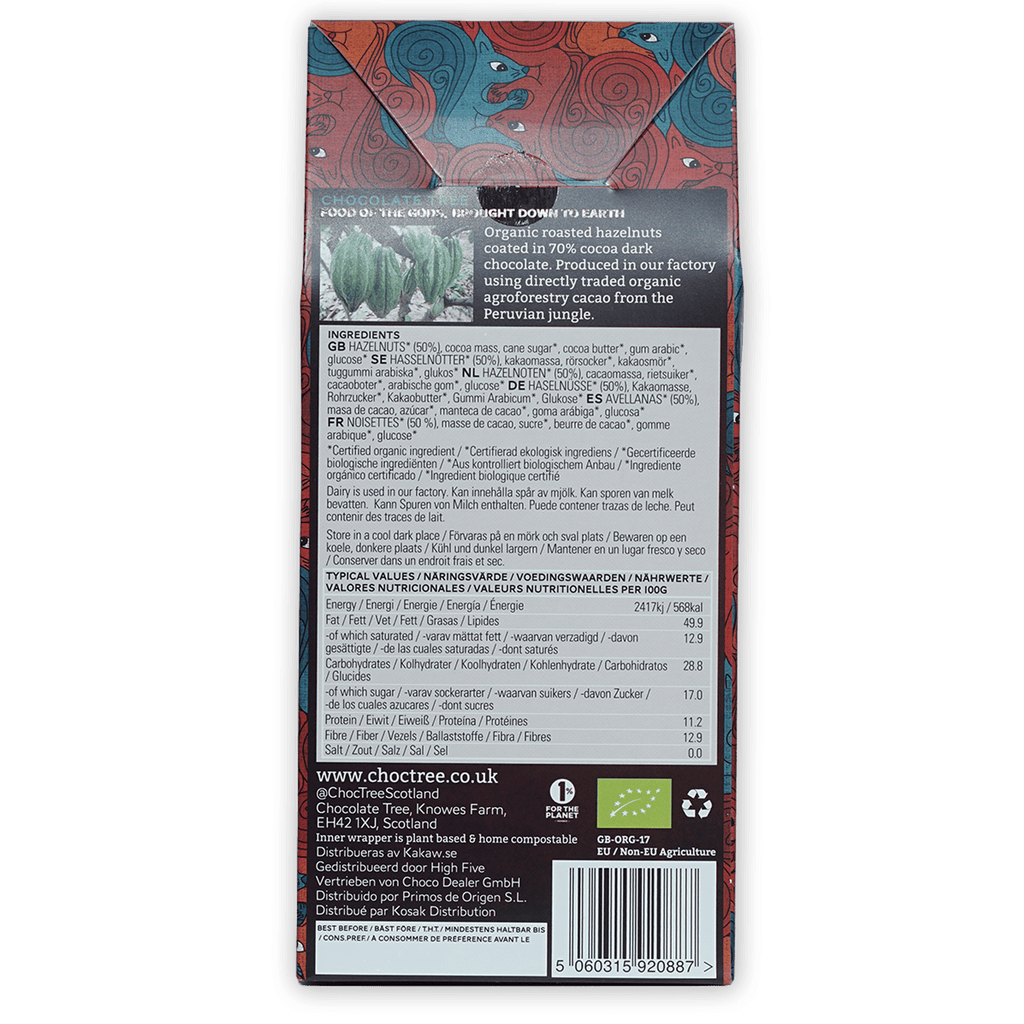 Back of Chocolate Tree 70% dark chocolate hazelnuts wrapper with tribal eye patterns