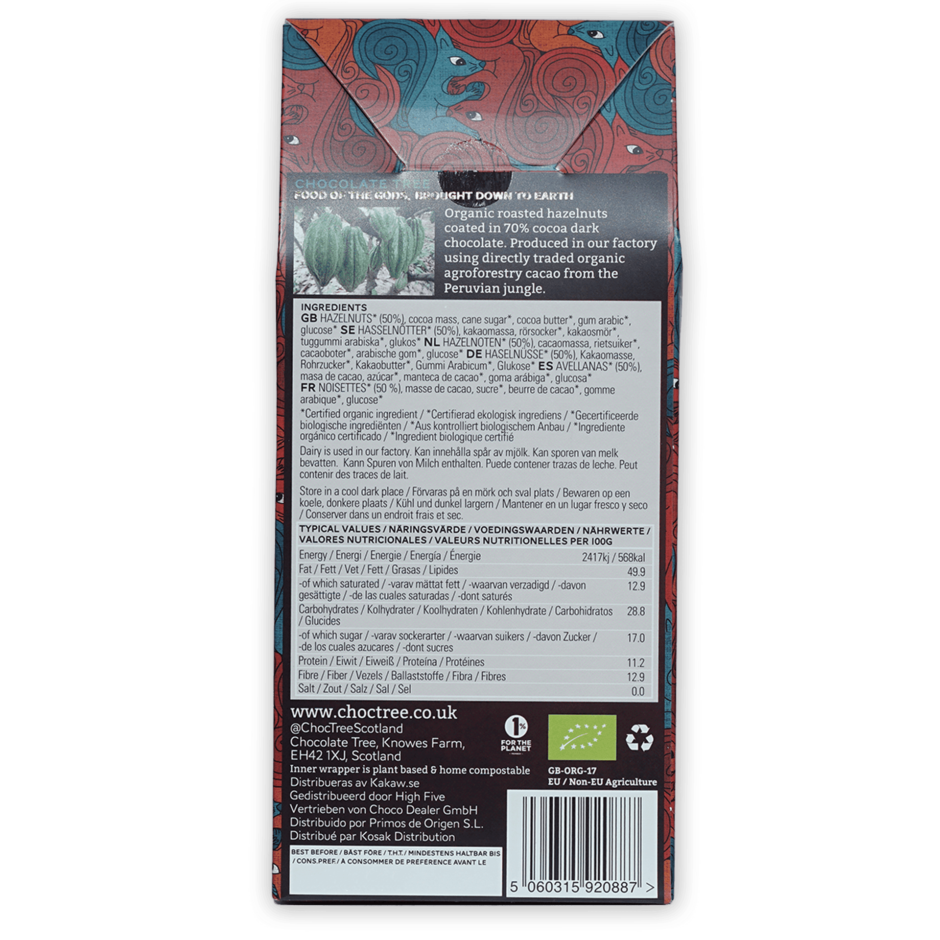 Back of Chocolate Tree 70% dark chocolate hazelnuts wrapper with tribal eye patterns