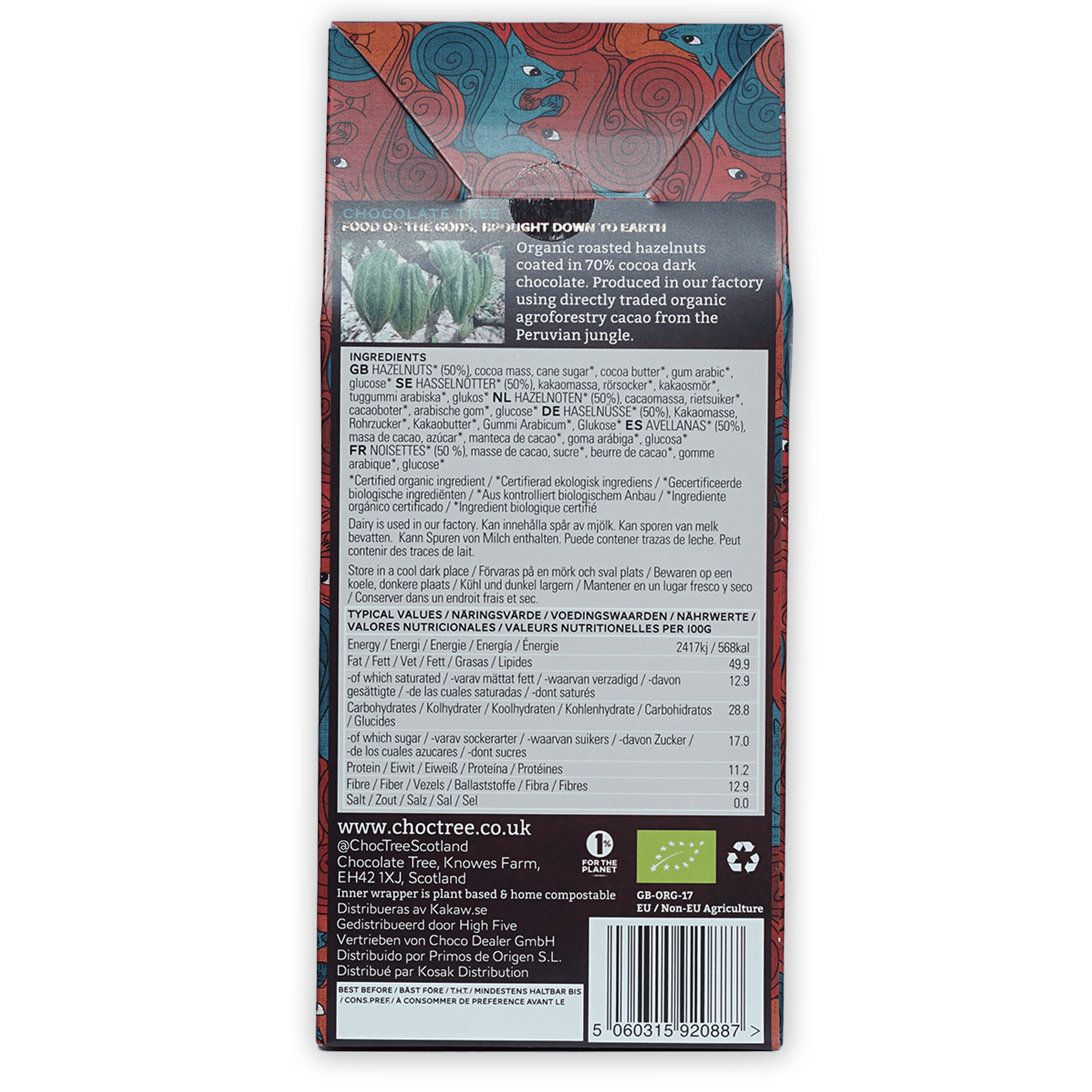 Back of Chocolate Tree 70% dark chocolate hazelnuts wrapper with tribal eye patterns