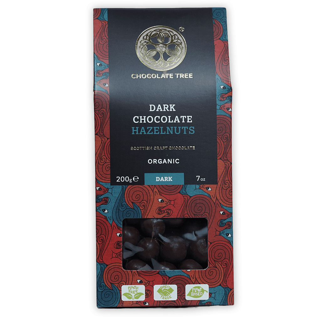 Chocolate Tree 70% dark chocolate covered hazelnuts in colorful package