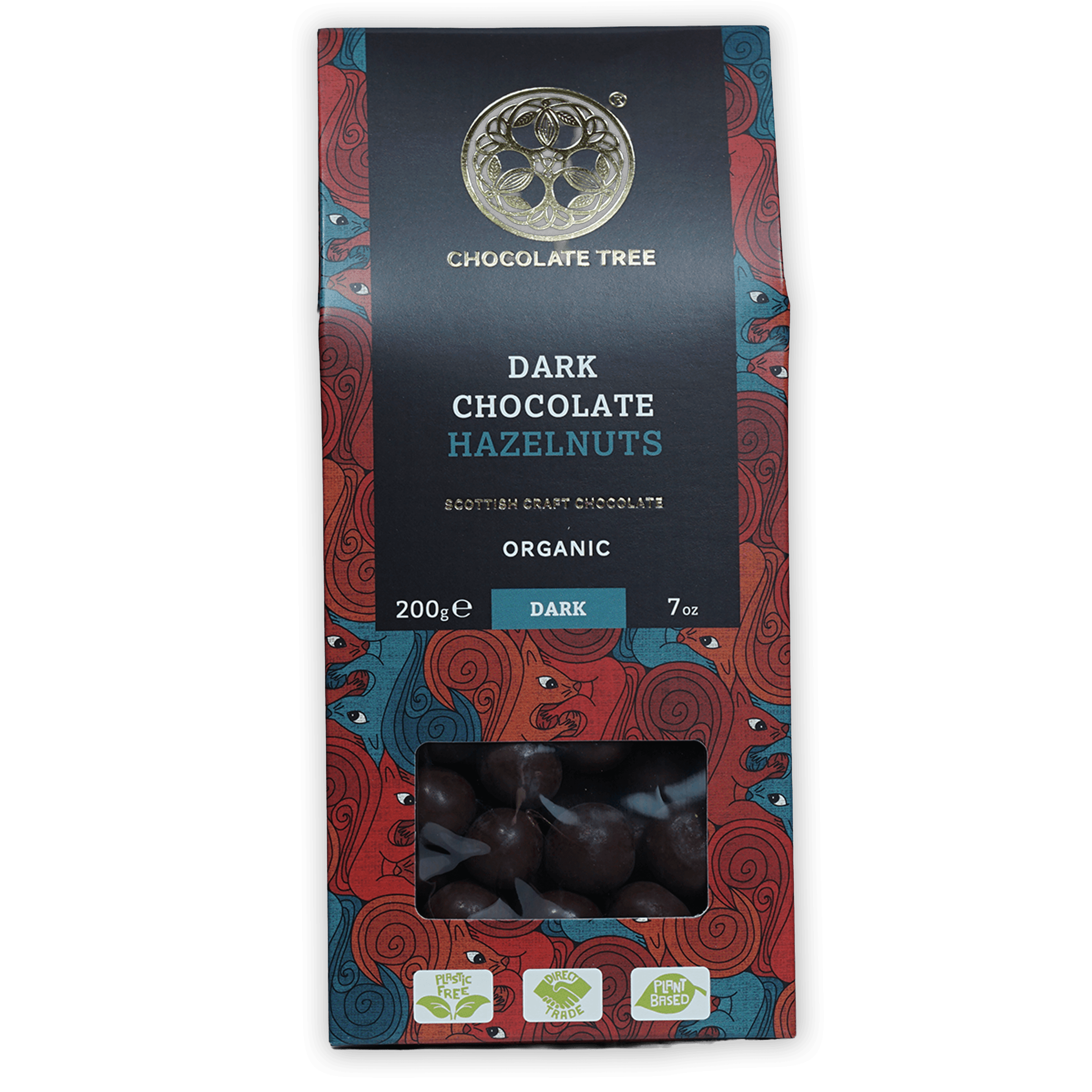Chocolate Tree 70% dark chocolate covered hazelnuts in colorful package