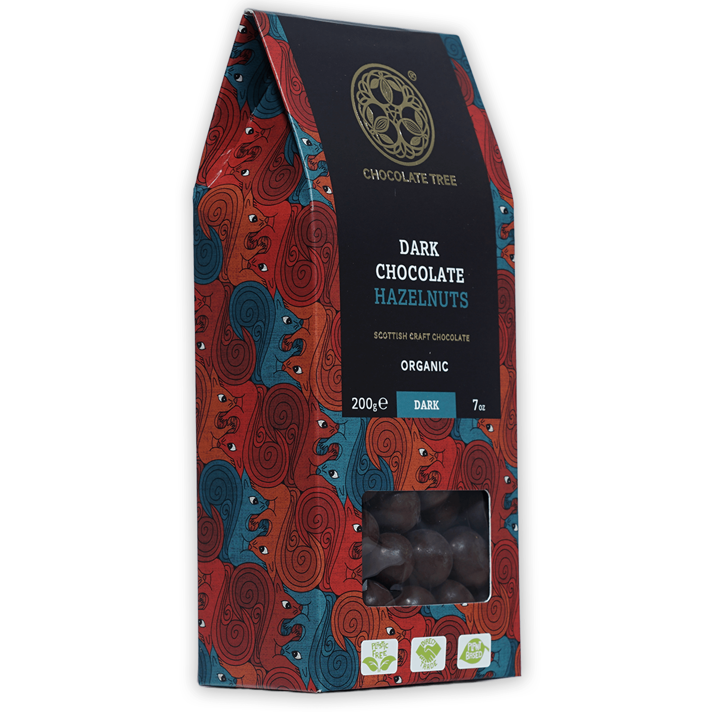Chocolate Tree organic dark chocolate hazelnuts bag, red teal pattern, clear window