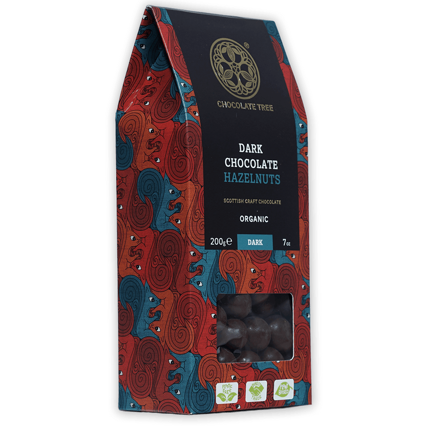 Chocolate Tree organic dark chocolate hazelnuts bag, red teal pattern, clear window