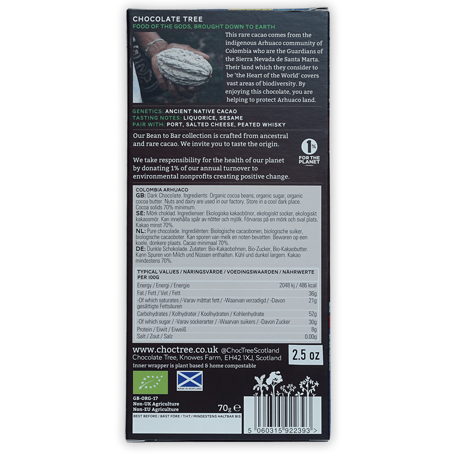 Chocolate Tree Dark Colombia Arhuaco 70% bar in dark green black pack with cacao pods